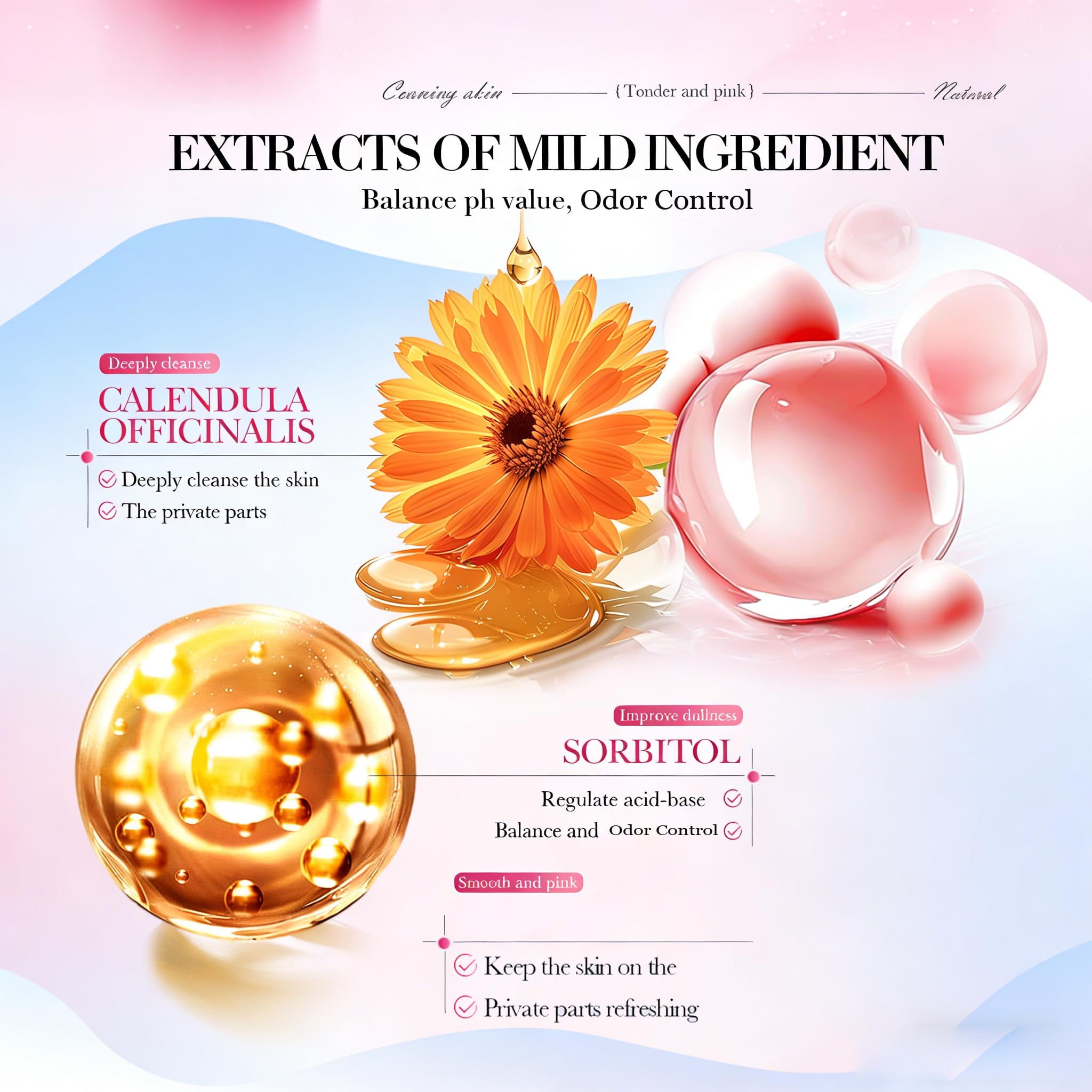 pH Balanced Feminine Soap for Women, Strawberry Odor Control & Hydration, Deep Cleanse, Pure Natural Plant Extracted Essence, Gentle Yet Effective for Daily Intimate Hygiene, Vegan, Pink