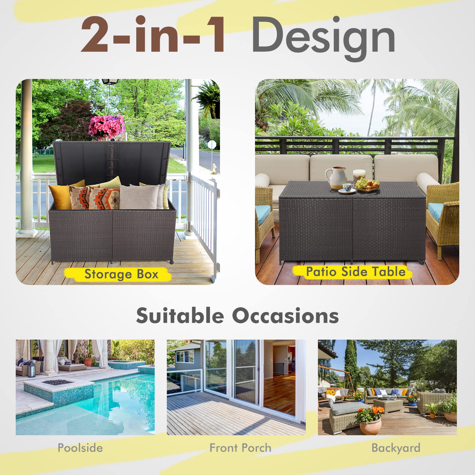 GIANTEX Contenitore per cuscini in rattan, 662 litri, con coperchio, con 2 ruote e manici, resistente alle intemperie, con tasca interna, con molla a gas, 150 x 77 x 72 cm