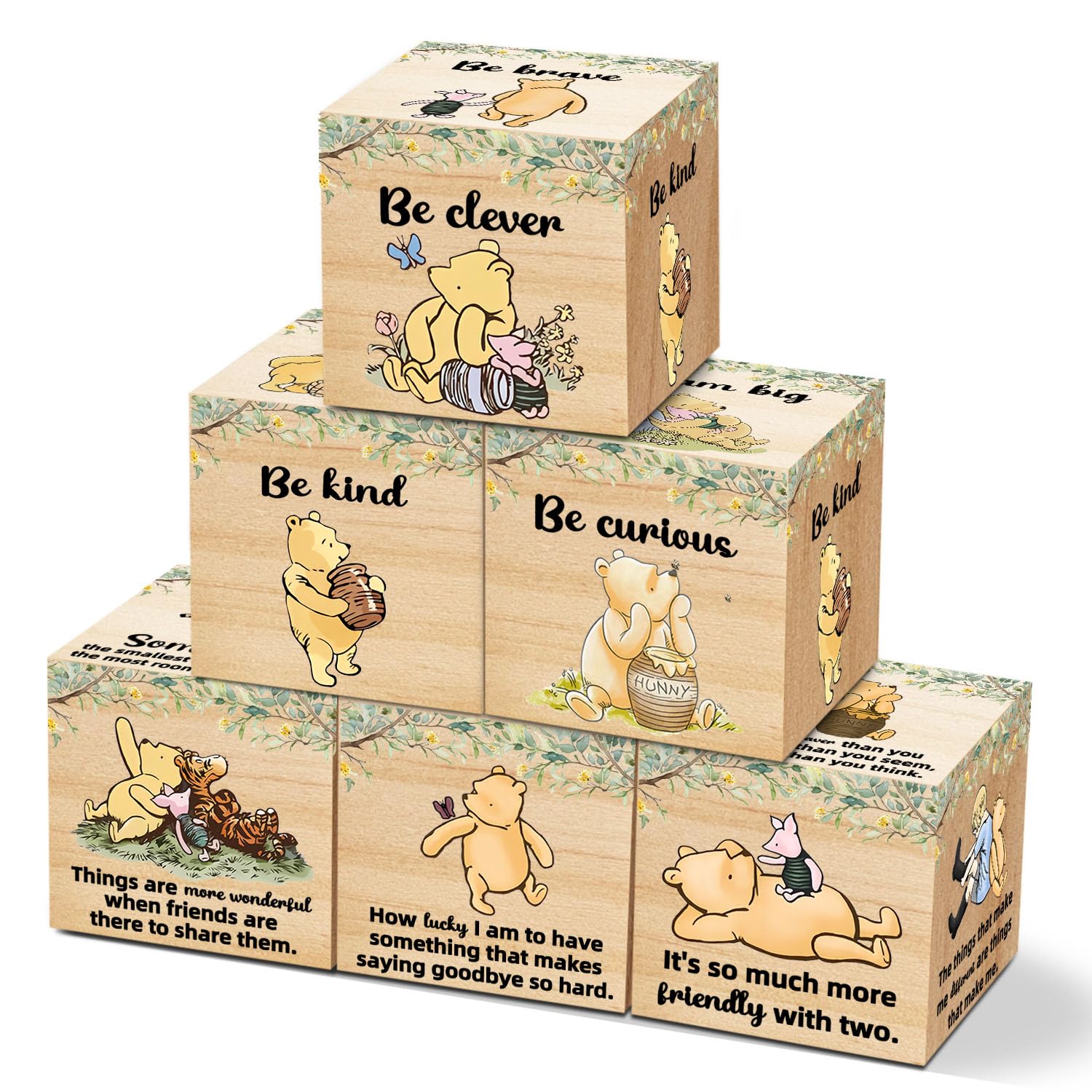 6Pcs Winnie Quotes Nursery Decor, The Pooh Bedroom Tabel Decorations for Girls and Boys, Classic Winnie Wooden Art Decor, Baby Shower Party Supplies 1.6 * 1.6I