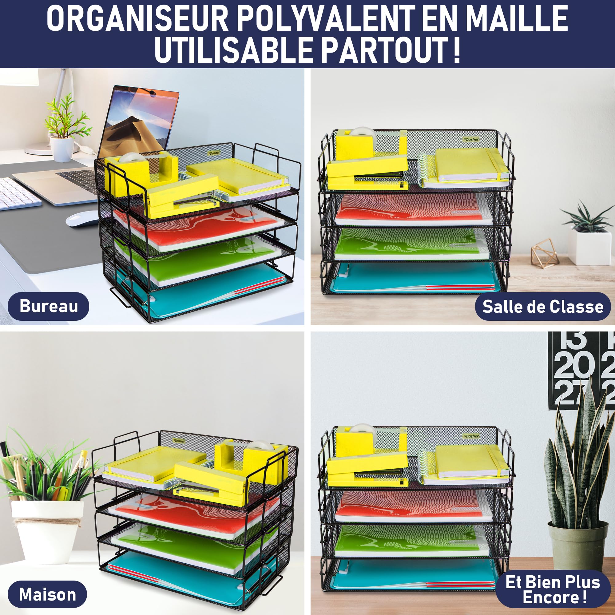 Dasher Products Organisateur de Bureau à Plateau de Papier empilable, à 4 Niveaux pour Les Entreprises. Organiser des fichiers, des dossiers, des Lettres, du Papier, des classeurs