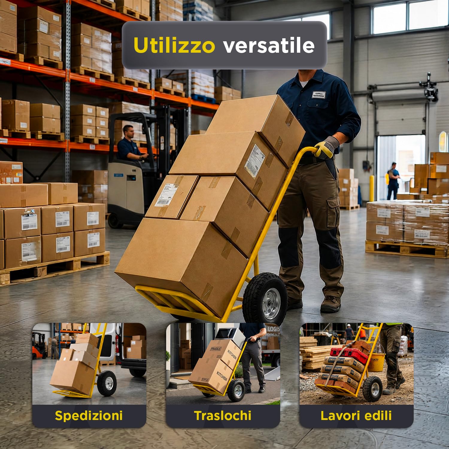 Carrello con Ruote Portatutto Professionale – 2 Ruote Pneumatiche Camera d'Aria, 250 kg, Metallo | Carrello Portapacchi con Manico Ergonomico per Scale, Fango, Cantiere e Traslochi (Giallo)