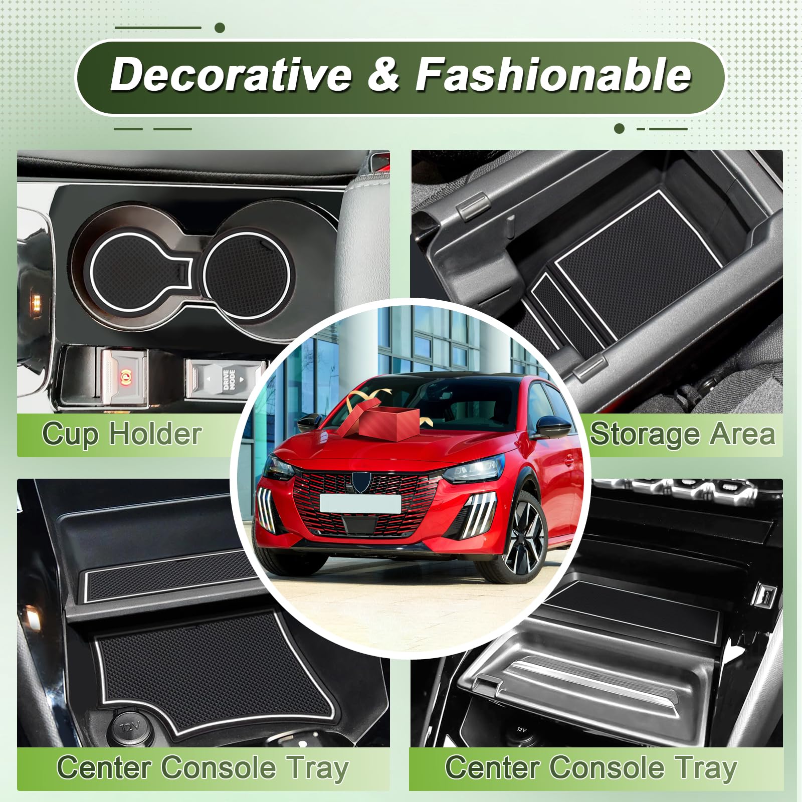 Compatibile con Peugeot 208 E-208 2020-2024 2025 (Automatico) Tappetini Antiscivolo per Peugeot 208 Tappetini in Gomma per Console Centrale, Porta Bicchieri, Scanalatura Porta (Bianco)