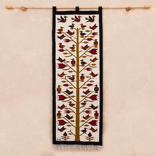 Miniatura 4 de NOVICA Tapiz de lana hecho a mano de Perú, tapices multicolor para decoración de pared, tejido a mano, árbol de hojas y animales geométricos 62