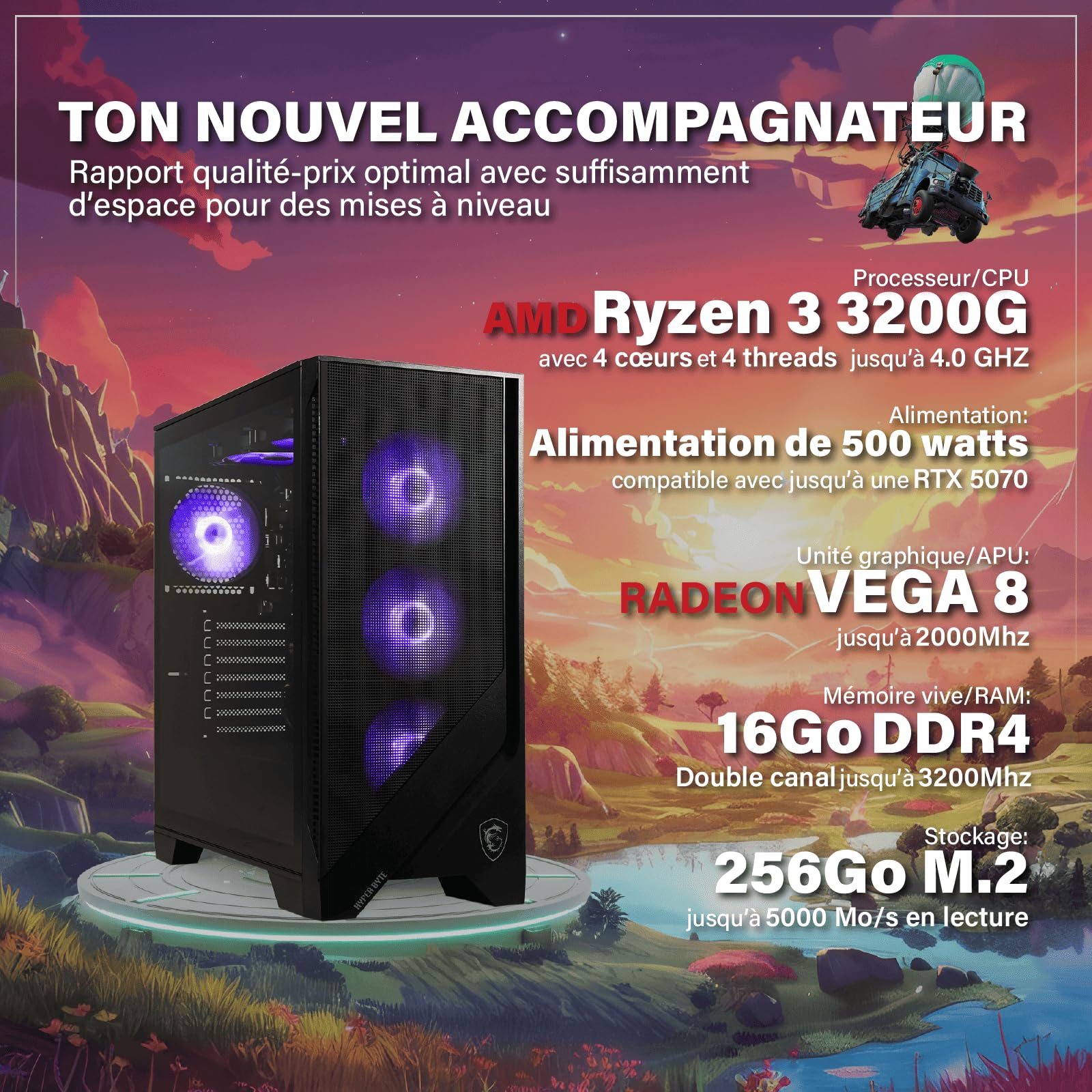 HYPER BYTE® Gaming Pc Essential - Ordinateur avec AMD Ryzen 3 3200G à 4,0 GHz | Vega 8 | 16 Go RAM DDR4 | Disque Dur SSD de 256 Go | Tour Gaming | Wi-FI | Windows 11 Pro