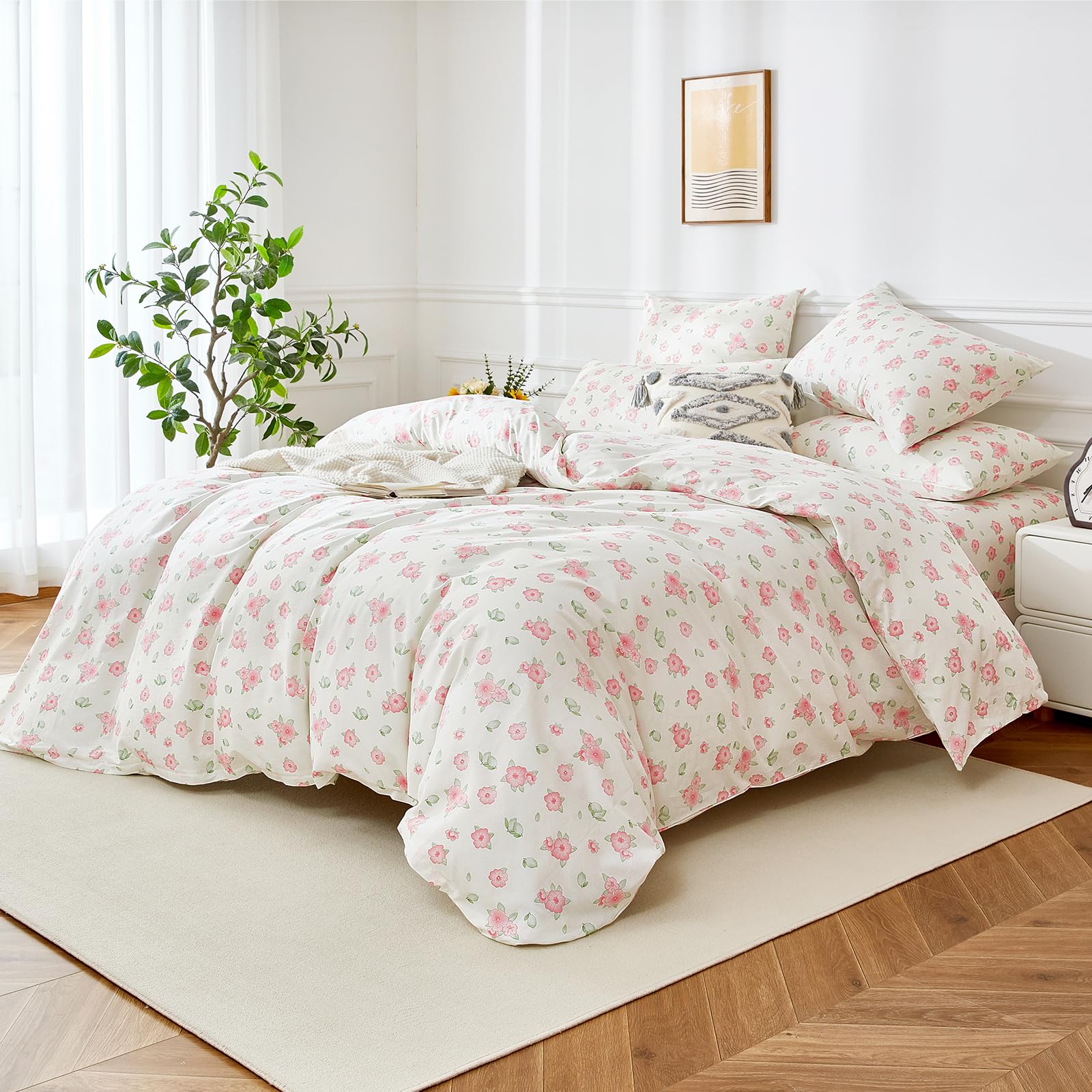 Biancheria da letto con fiori, 220 x 240 cm, in cotone rosa, motivo floreale, morbida, traspirante, 3 pezzi, per ragazze con chiusura lampo e 2 federe da 80 x 80 cm
