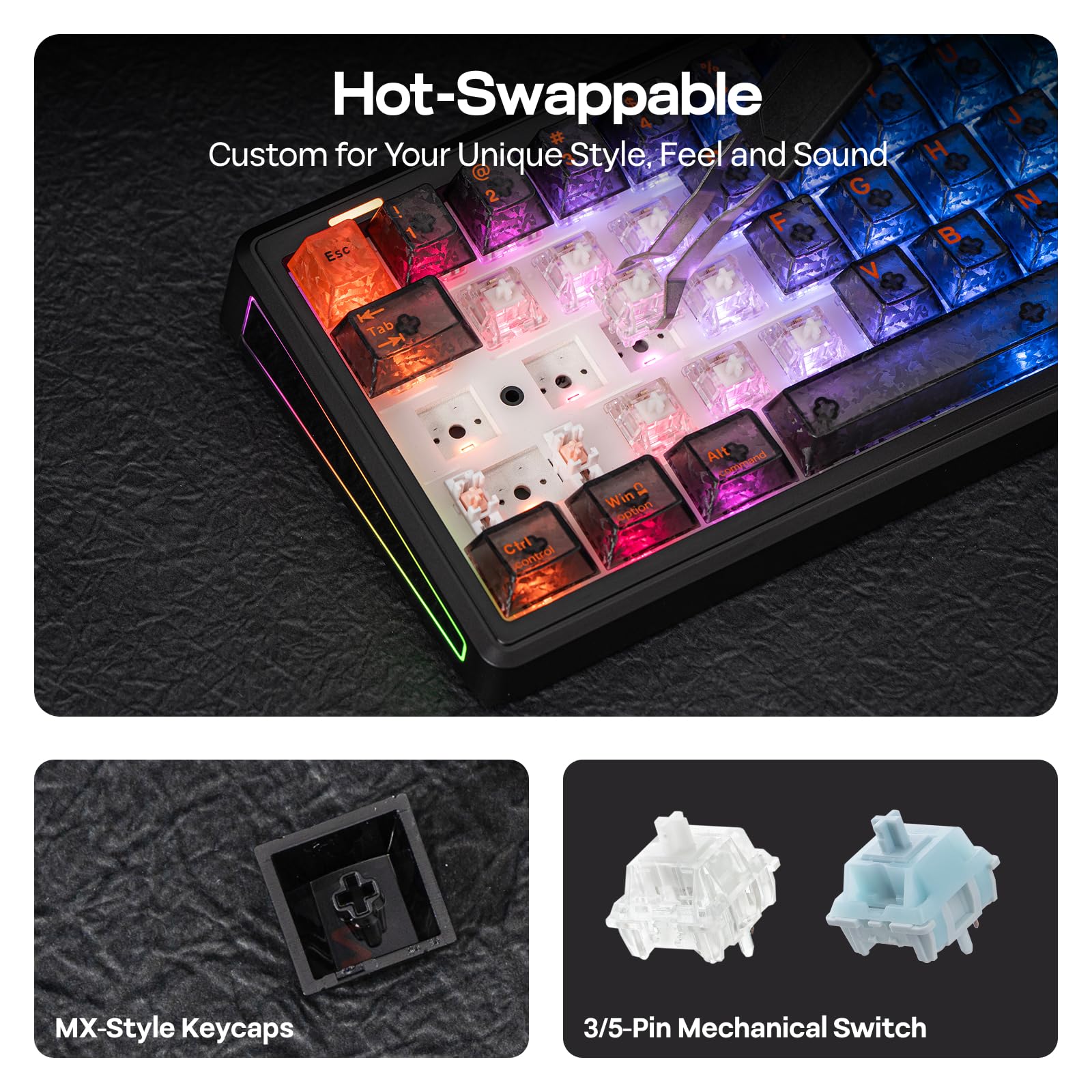 EPOMAKER TH65 Teclado Mecánico Inalámbrico con Perilla (Negro, Crystal) | Formato 65%, Batería de 8000mAh, Soporte Ajustable para la Comodidad, BT/2.4GHz/USB-C, Hot-Swappable, RGB, Gasket Suave