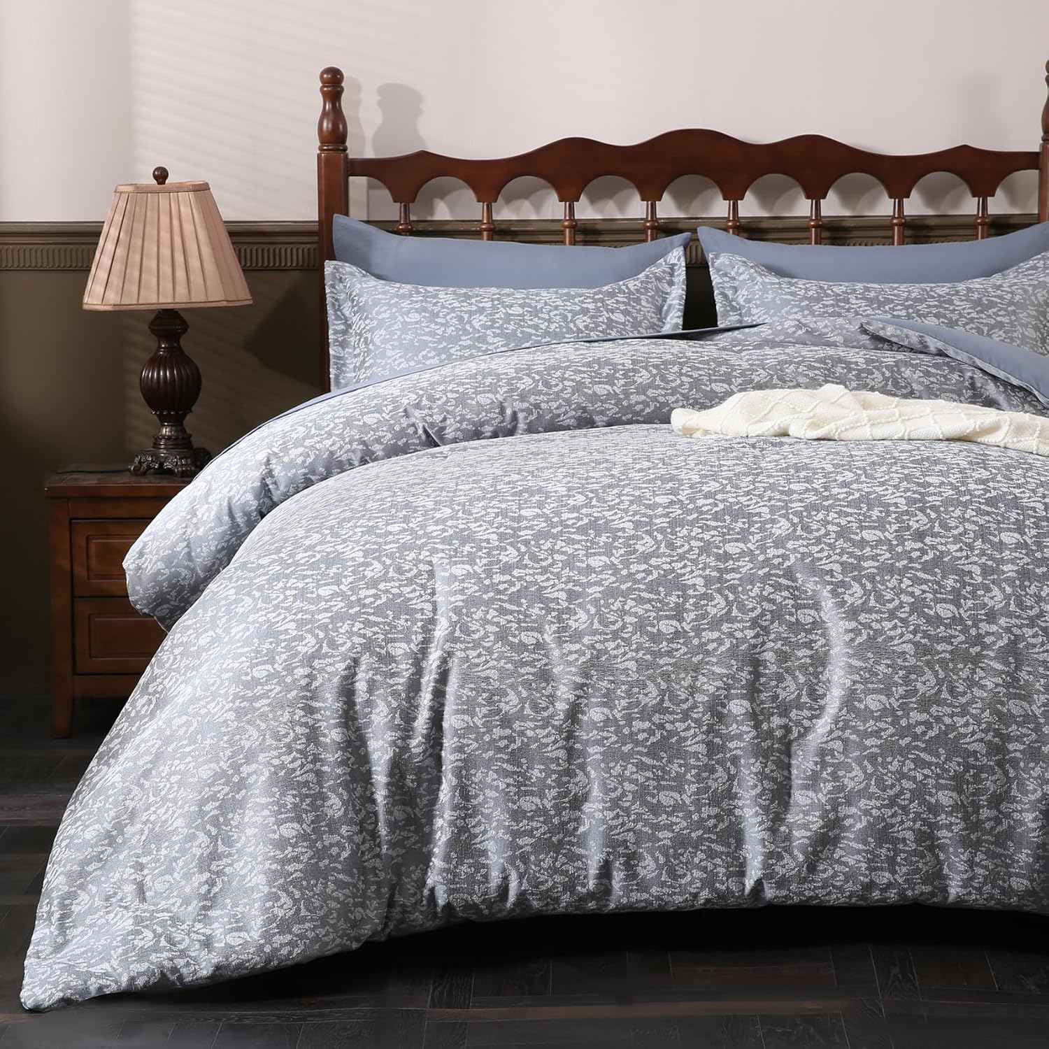 JSD 7 Piece Jacquard Comforter Set Queen, Luxury Gray Bed in a Bag, Reversible Comforter Set with Sheets Grey Queen
