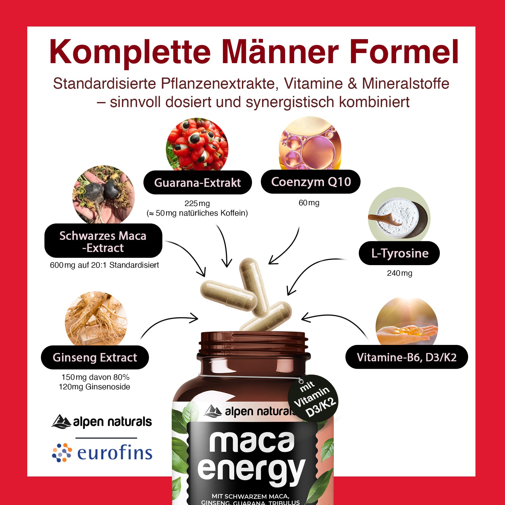 Maca Men Komplex Hochdosiert – 120 Kapseln mit Schwarzem Maca, Tribulus, Ginseng, Guarana, Zink & Q10 – Vegan & Laborgeprüft