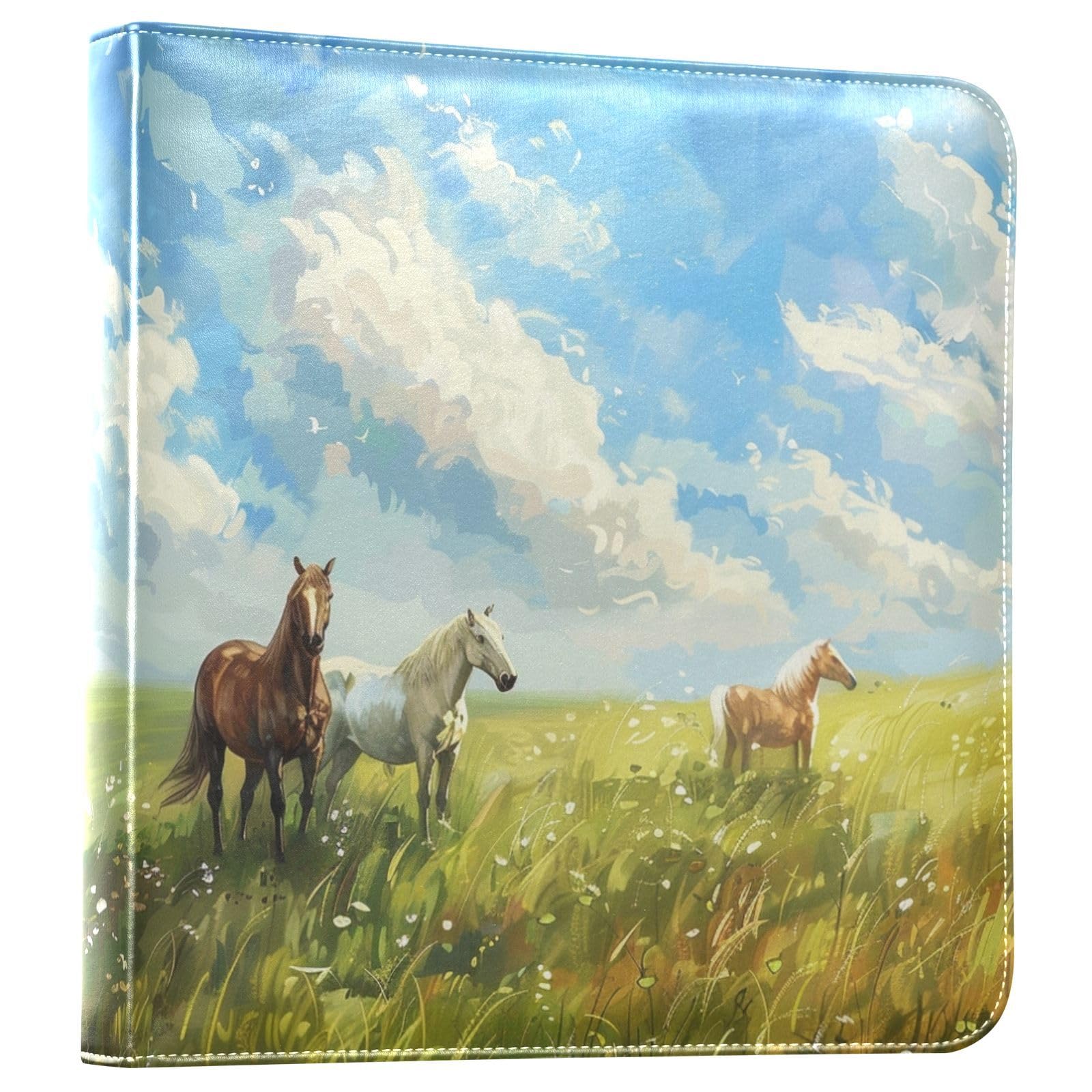 JIPONI Steeds Chirping Grassland Large Photo Album, DIY Leather Cover Scrapbook Albums for 4x6 5x7 6x8 Pictures, Self Adhesive Memory Book for Wedding, Baby, Family