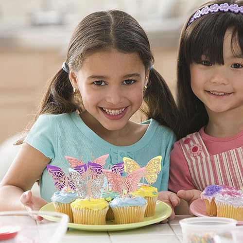 Miniatura 7 de Paquete de 24 adornos de mariposa para cupcakes con purpurina ensamblados de mariposa para baby shower, niños y niñas, fiesta de cumpleaños,