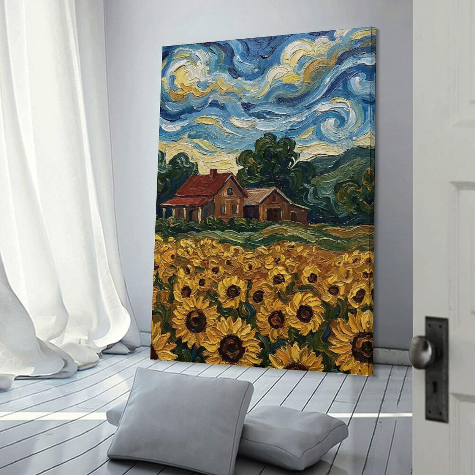 Junmoney Sunflower Field with House Painting Room Decor Wall Art 08x12inch(20x30cm), for Bedroom Walls, Guest Spaces Or Lounges, An Easy Wall Refresh for Bedrooms