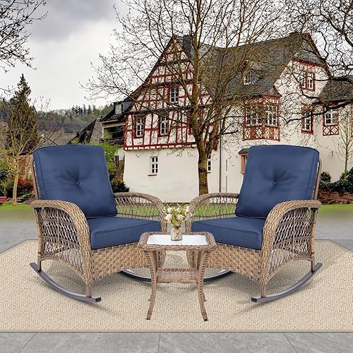 3-Piece Outdoor Wicker Rocking Chair Set, Patio Bistro Conversation Sets