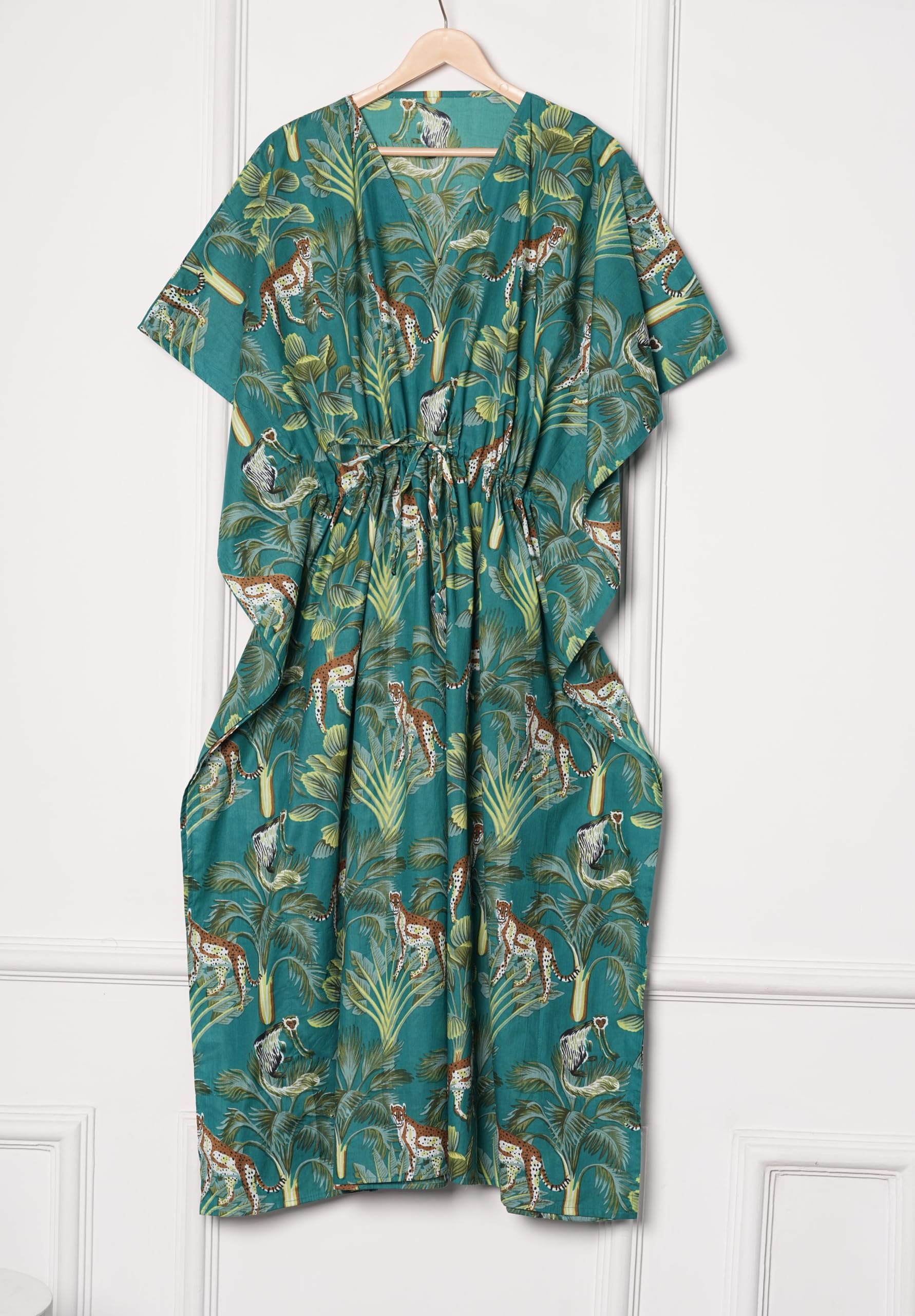 INDACORIFY Caftan Indien en Coton Doux imprimé à la Main, imprimé Floral, vêtements de Plage décontractés, Tuniques d'été, Robe Maxi Longue en Coton