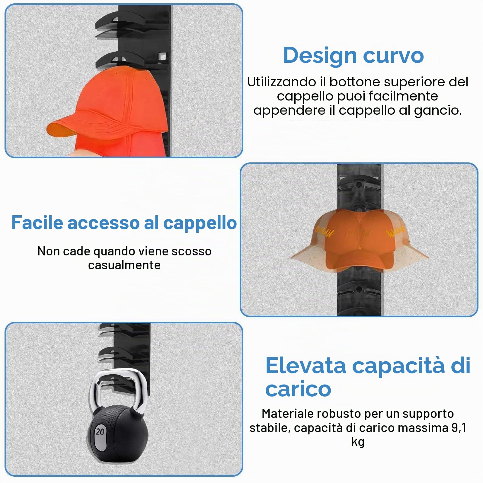 Porta Cappelli da Parete Autoadesivo - Organizer per Cappelli, Cappelliera Autoadesivo, Fino a 20 Cappelli (2 Pezzi) per Porta, Armadio, Camera