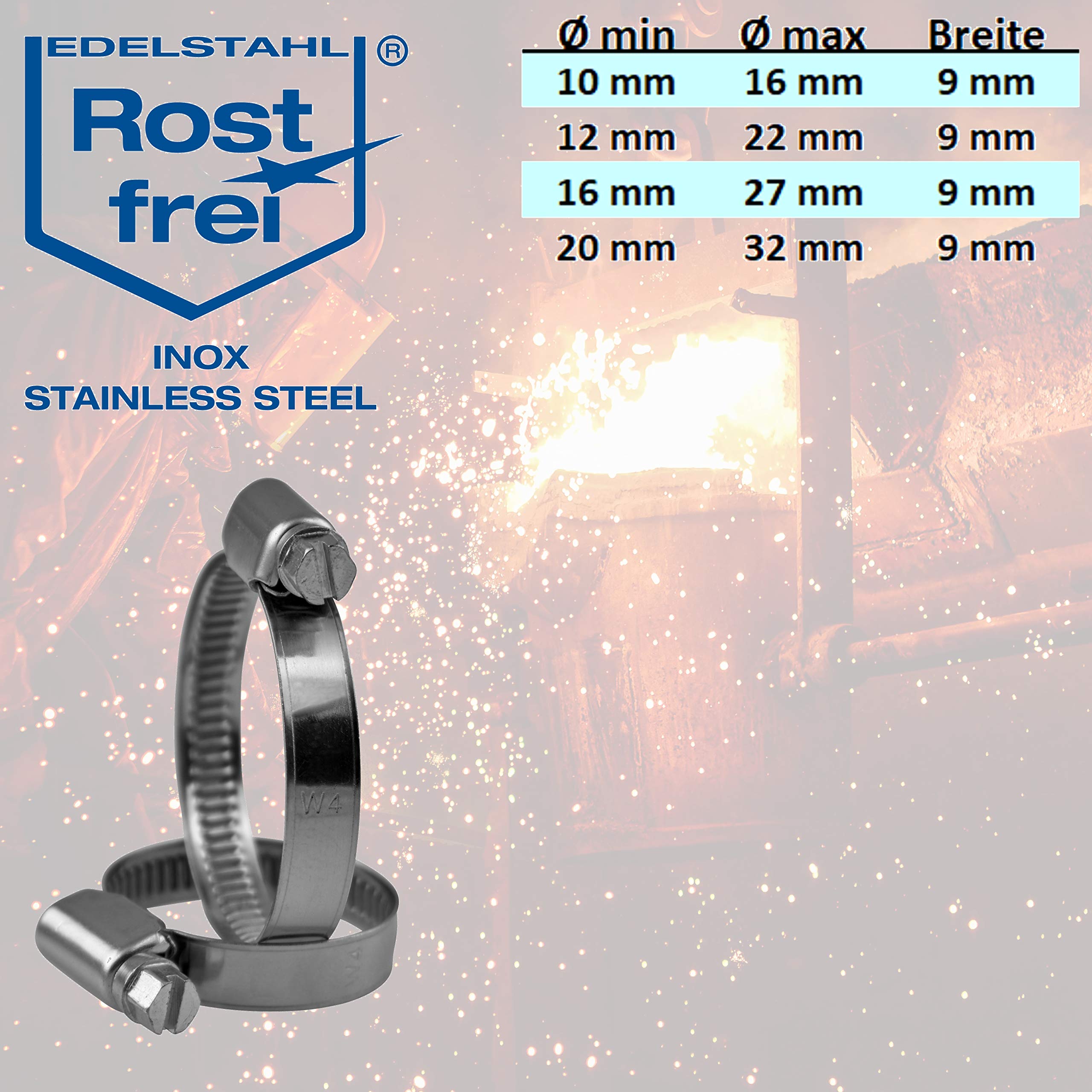 Hose Clamps Set 10-16 12-22 16-27 20-32 mm Worm Drive Stainless Steel 304 Jubilee Clip Hose Clip Assortment 9 mm Band Rustproof A2 DIN 3017 2 Pack Each - Image 2