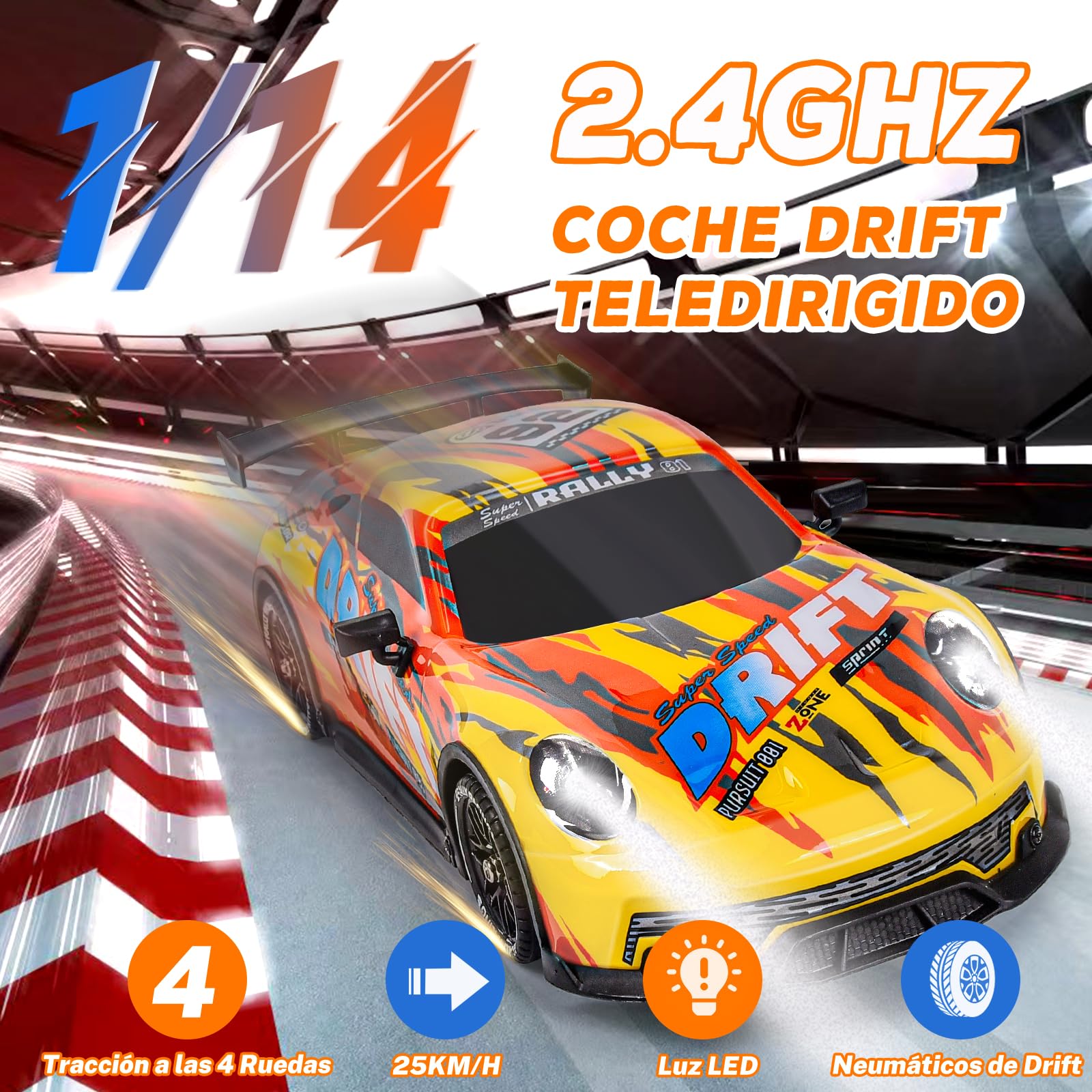 JONRRYIN Coche RC Drift, 1:14 Drift RC Car, 4WD Coche de Deriva Carreras Teledirigido con Kit Barricada, Luces LED, Radiocontrol Coche de Juguete para Adultos y Niños Mayores de 8 Años (Amarillo)