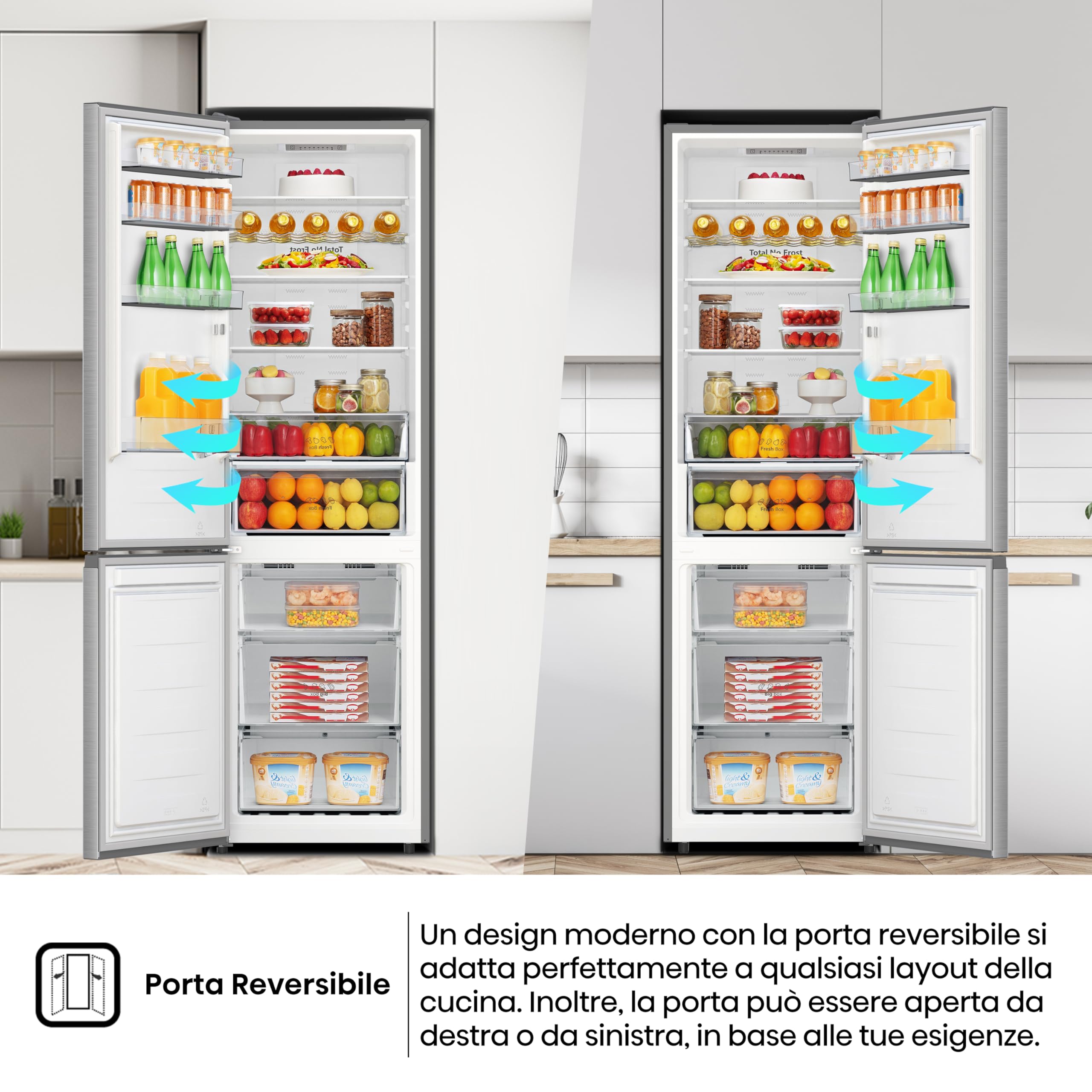Hisense RB440N4ACA Frigorifero Combinato Total No Frost, Inox, 200x60 cm, Risparmio Energetico Classe A, Grande capacità 335L, Bassa Rumorosità 35db, Porta reversibile, Motore inverter