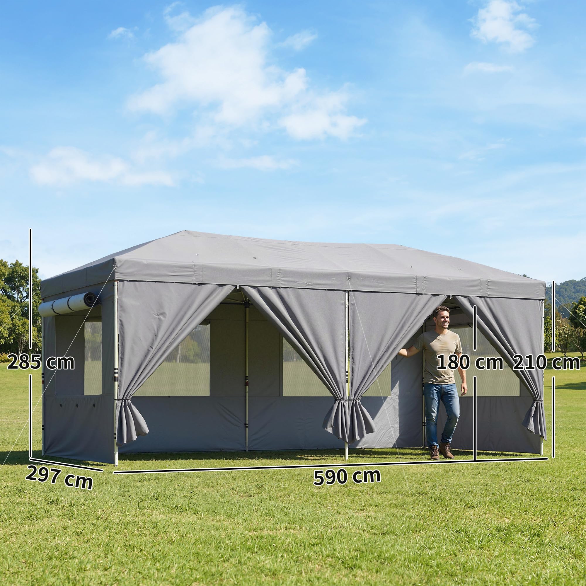 Outsunny Gazebo Pieghevole 3x6m Pop Up con 6 Pareti Laterali e Finestre in Rete, Gazebo da Giardino Altezza Regolabile con Sacchi di Sabbia, Borsa a Ruote, UV50+ per Esterno Feste, Grigio Scuro