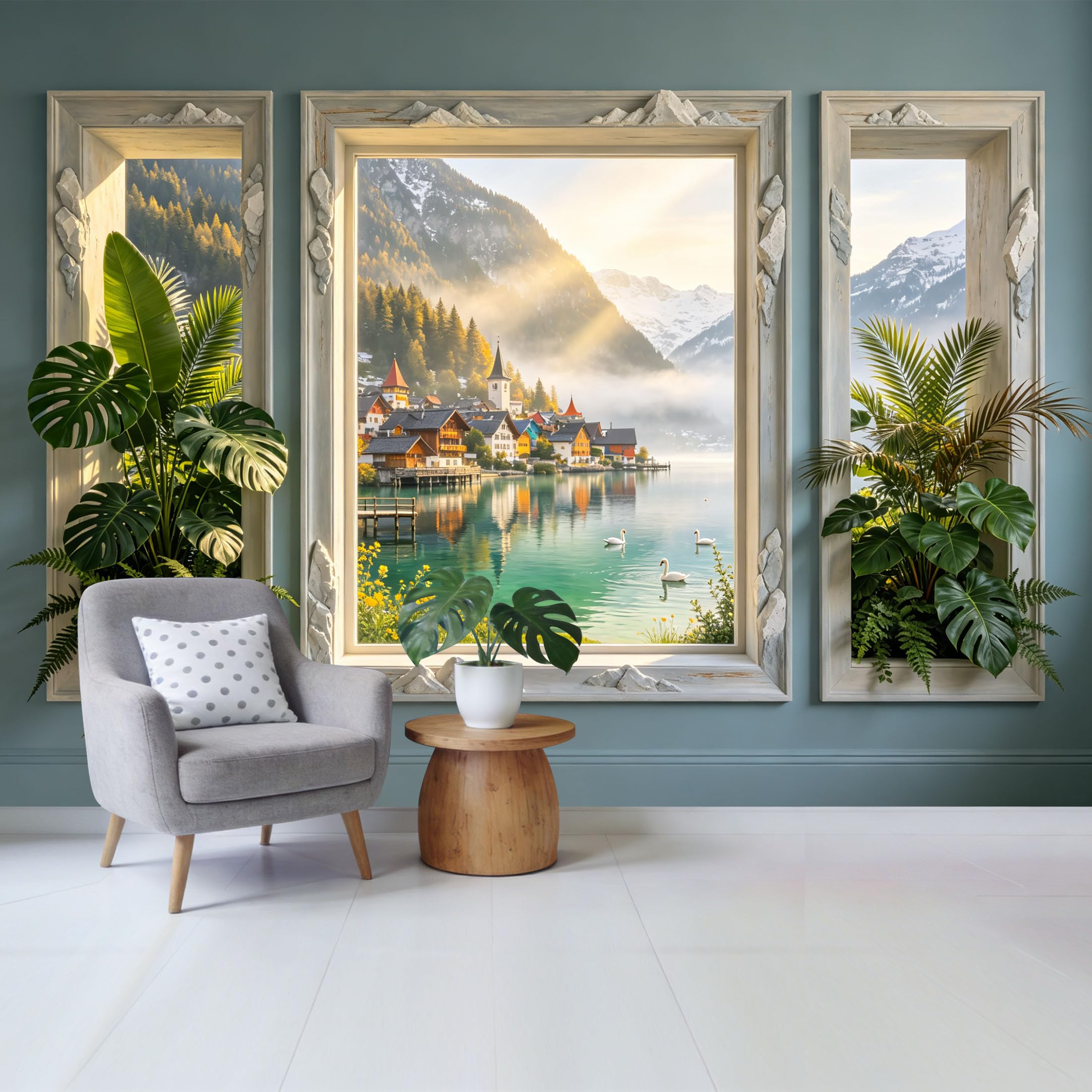 Custom Size Wall Mural Mountain Lake Village Landscape with Swans Sunrise View Removable Self Adhesive Fabric Home Wall Decor for Living Room Bedroom Bathroom