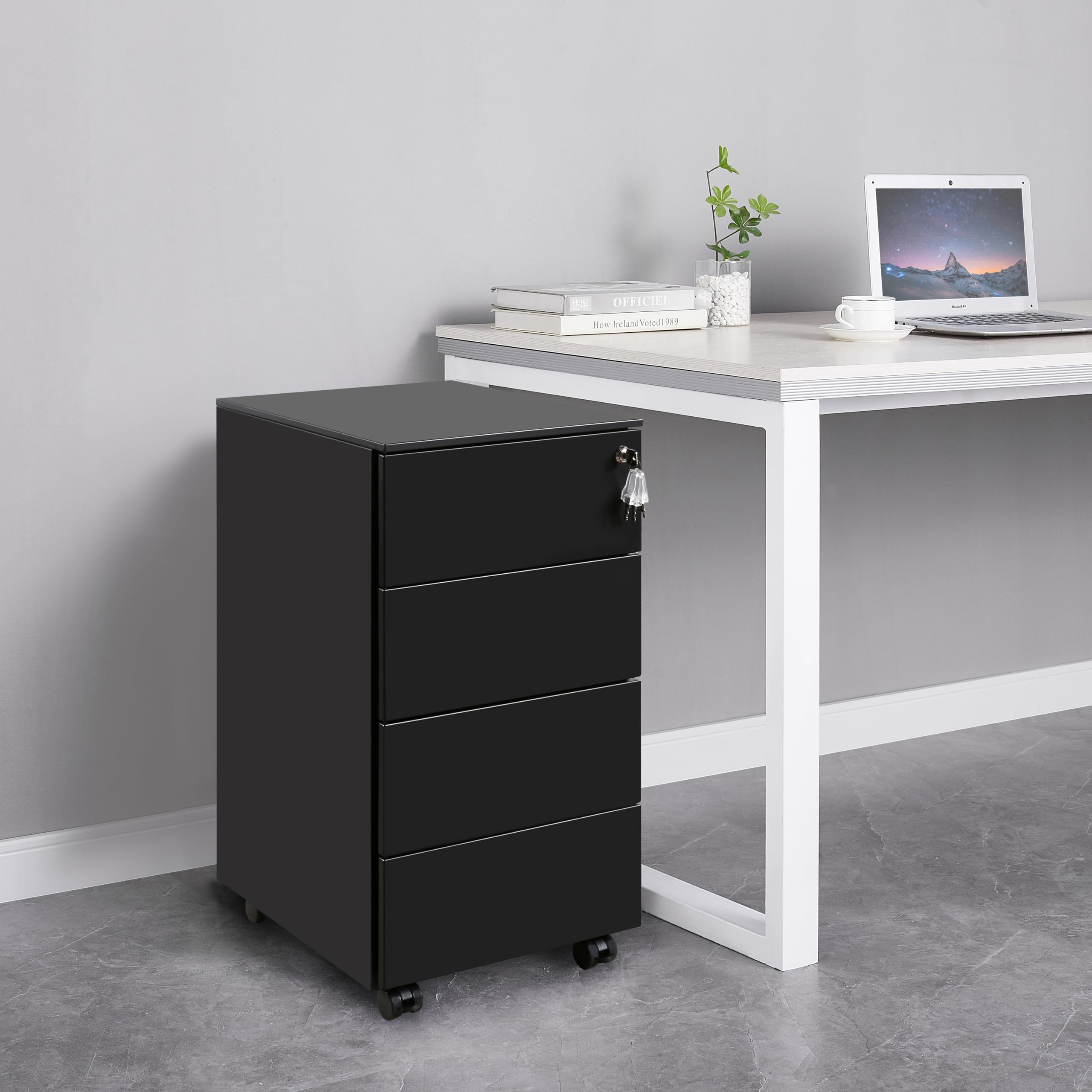 Caisson Bureau avec 4 Clés, Caisson de Rangement Mobile, Meuble Tiroir Bureau, Verrouillable, 4 Tiroirs, Travail, Bureau à Domicile