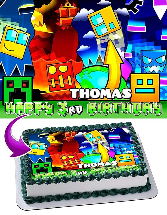 Cakecery Geometry Dash Edible Cake Image Topper Personalized Birthday Cake Banner 1/4 Sheet