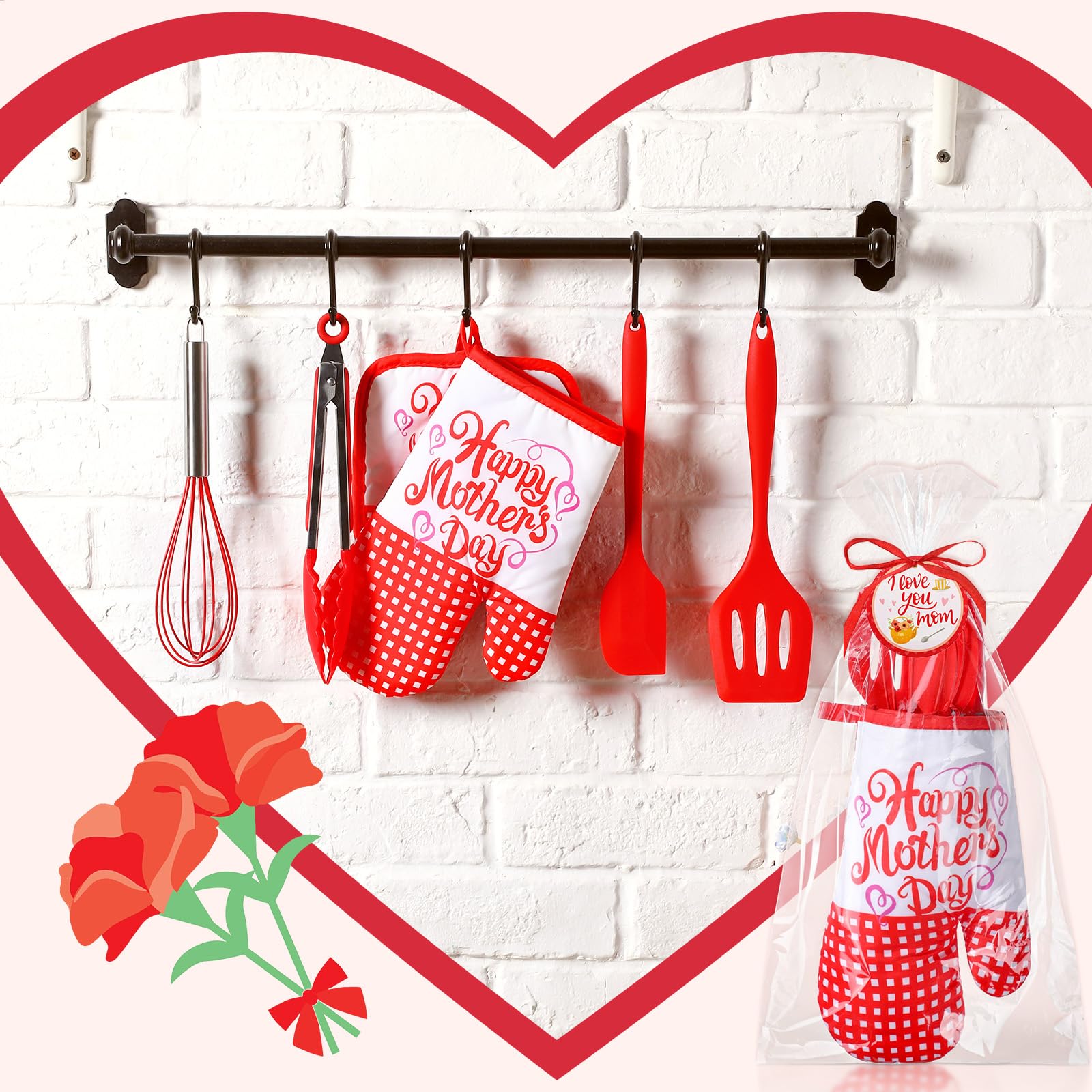 Maxdot Juego de 42 manoplas de horno y soportes para ollas para el Día de la Madre, color rojo, de 10 pulgadas, con tarjeta de regalo, el mejor regalo de cocina para mamá