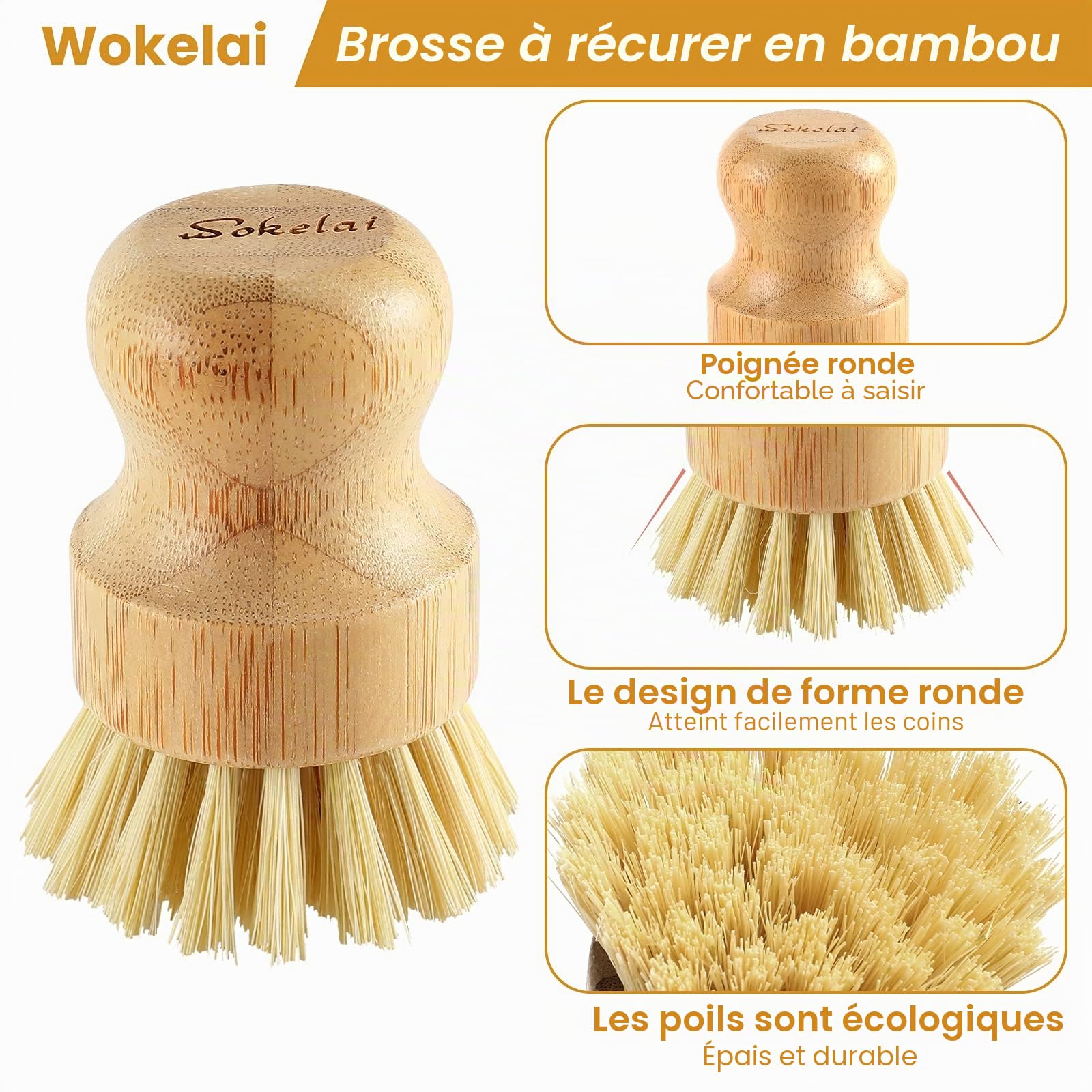 Brosse à vaisselle en bambou pour cuisine – Respectueux de l'environnement en fibre de sisal naturel pour la vaisselle, les casseroles, les poêles, les légumes, l'évier