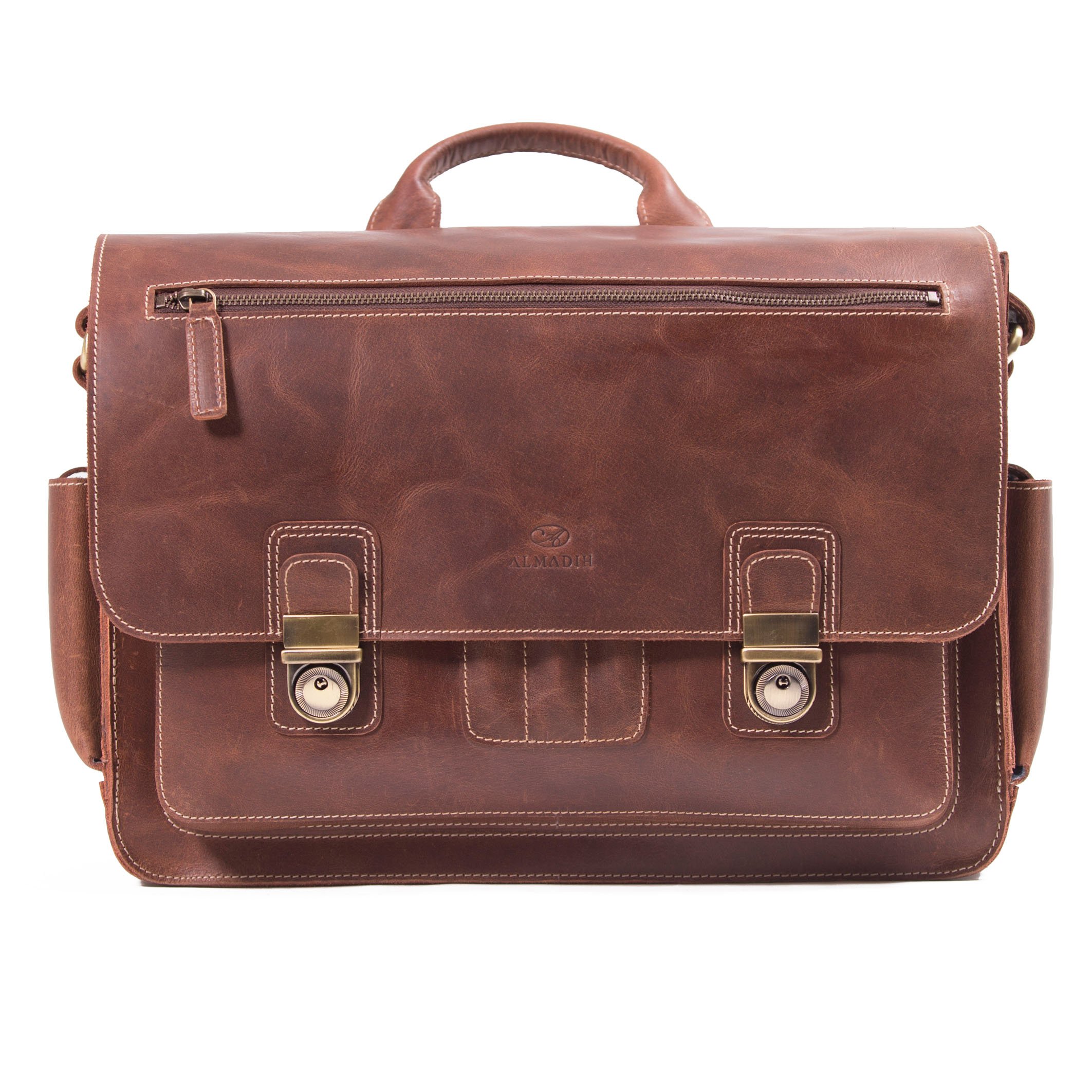 ALMADIH Leder Messenger *WILL* handgefertigt aus robustem Premium Rindsleder braun Vintage Sattlerqualität - Umhängetasche Laptoptasche Notebook Businesstasche Lehrertasche Unitasche Schultertasche