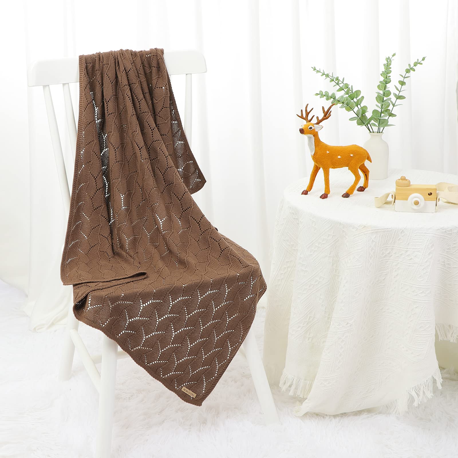 LAWKUL Cellular Blanket Baby 100% Cotton Knitted Soft Knit Crochet Blankets for Newborn Boy Girls Toddler 100x80cm Brown - Image 4