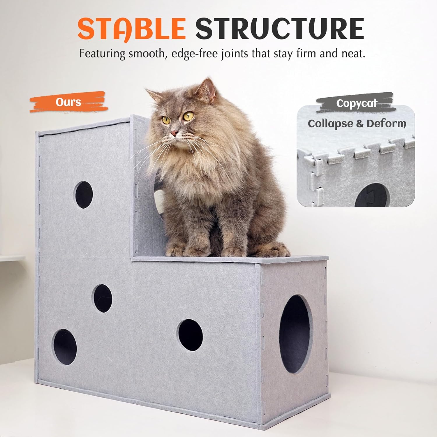 PETKARAY Cat Tunnel, Original Cat Hideaway Cave for Indoor Cats, Large Kitten Play Tubes and Tunnels, Soft Felt Cat Toy with Interactive Peek Hole, Grey L Shape