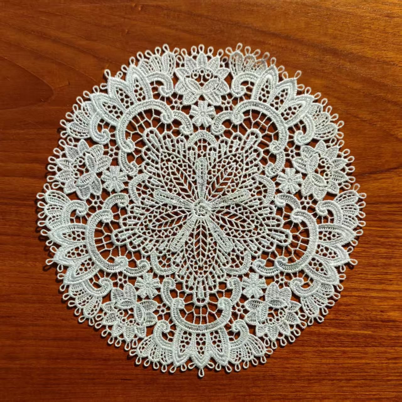 Photo 1 of 2 Packs Round Lace Placemats for Dining Table, FANGCAO 11 Inches Diameter Delicate Floret Embroidered Lace Doilies Vase Mat for Christmas Daily Use, Washable (White)