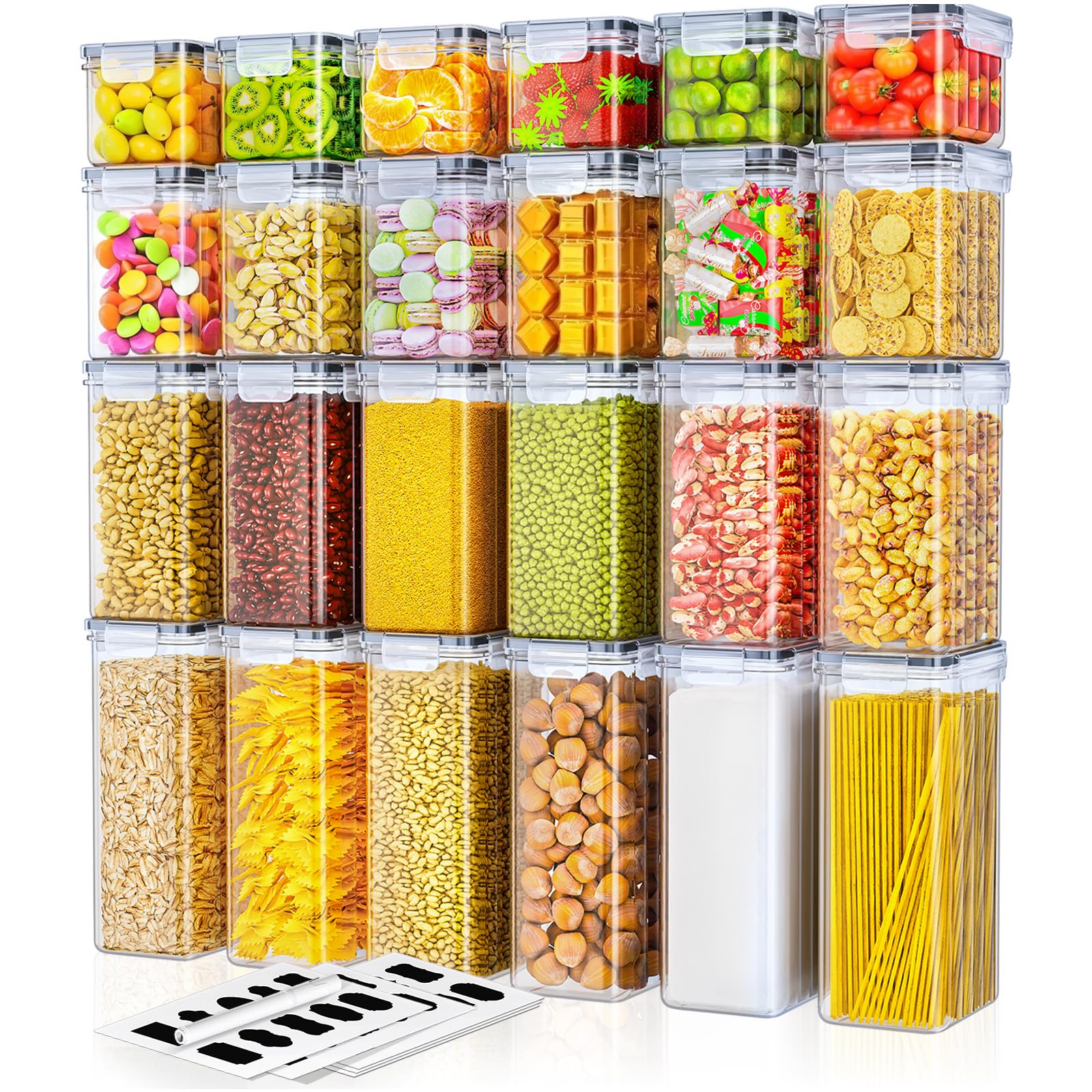 Storivo Food Dispensers zestaw 24 pojemników na zapasy – hermetyczne pudełko do przechowywania z pokrywką, organizer kuchenny na mąkę, cukier, musli i wiele innych, w zestawie etykiety i markery, do