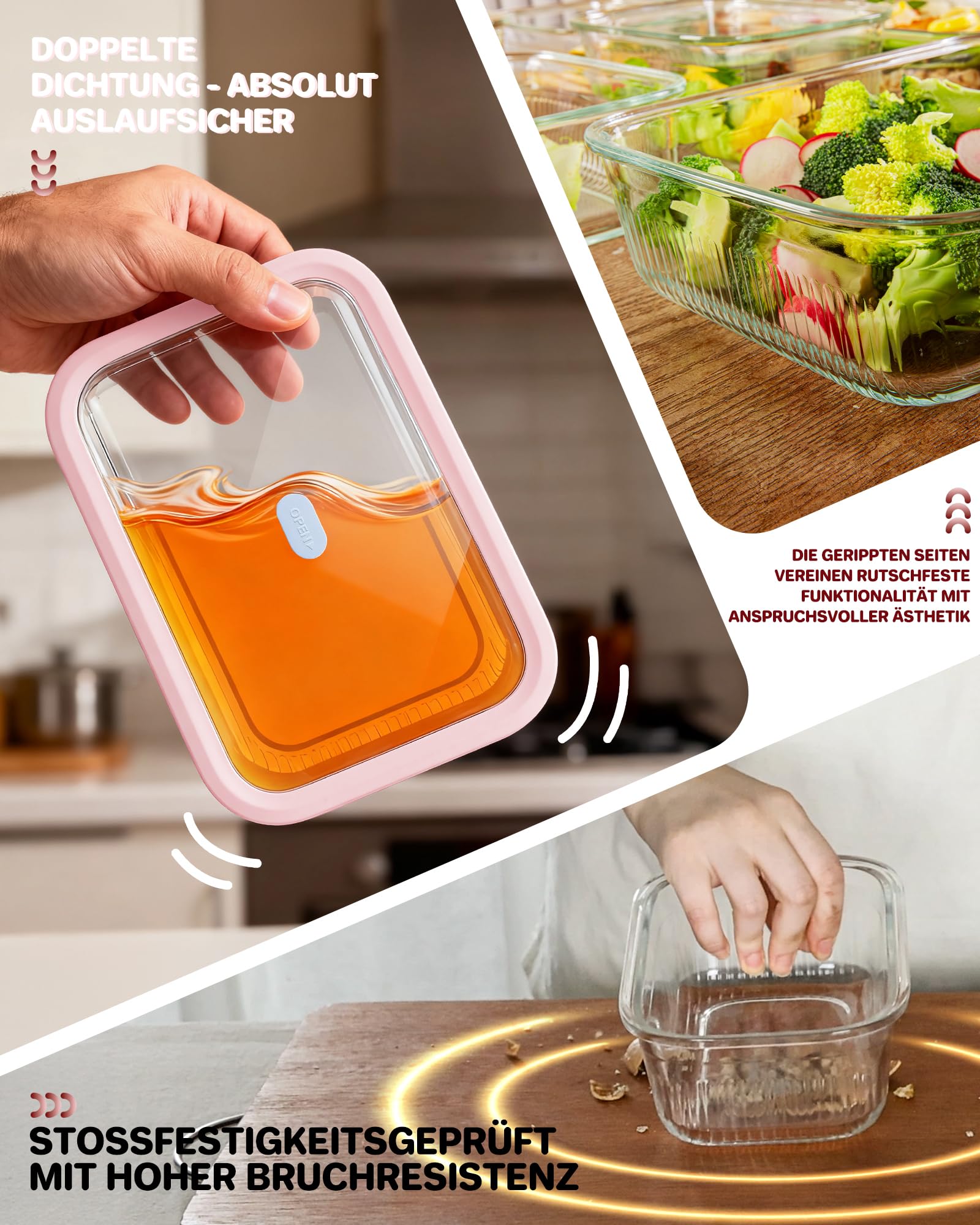 Glasdosen Set 2200ml mit Druckverschluss, Luftdicht & Auslaufsicher, Für Mikrowelle & Backofen, Ideal für Meal Prep & Aufbewahrung