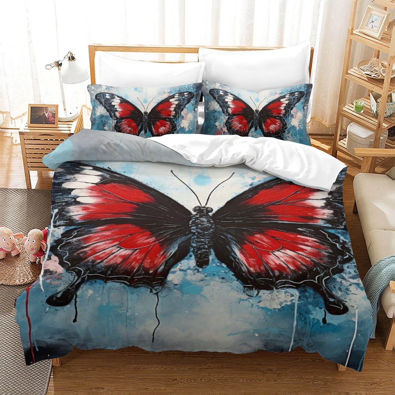 Housse de couette papillons 3D en microfibre premium toucher soie pour lit single