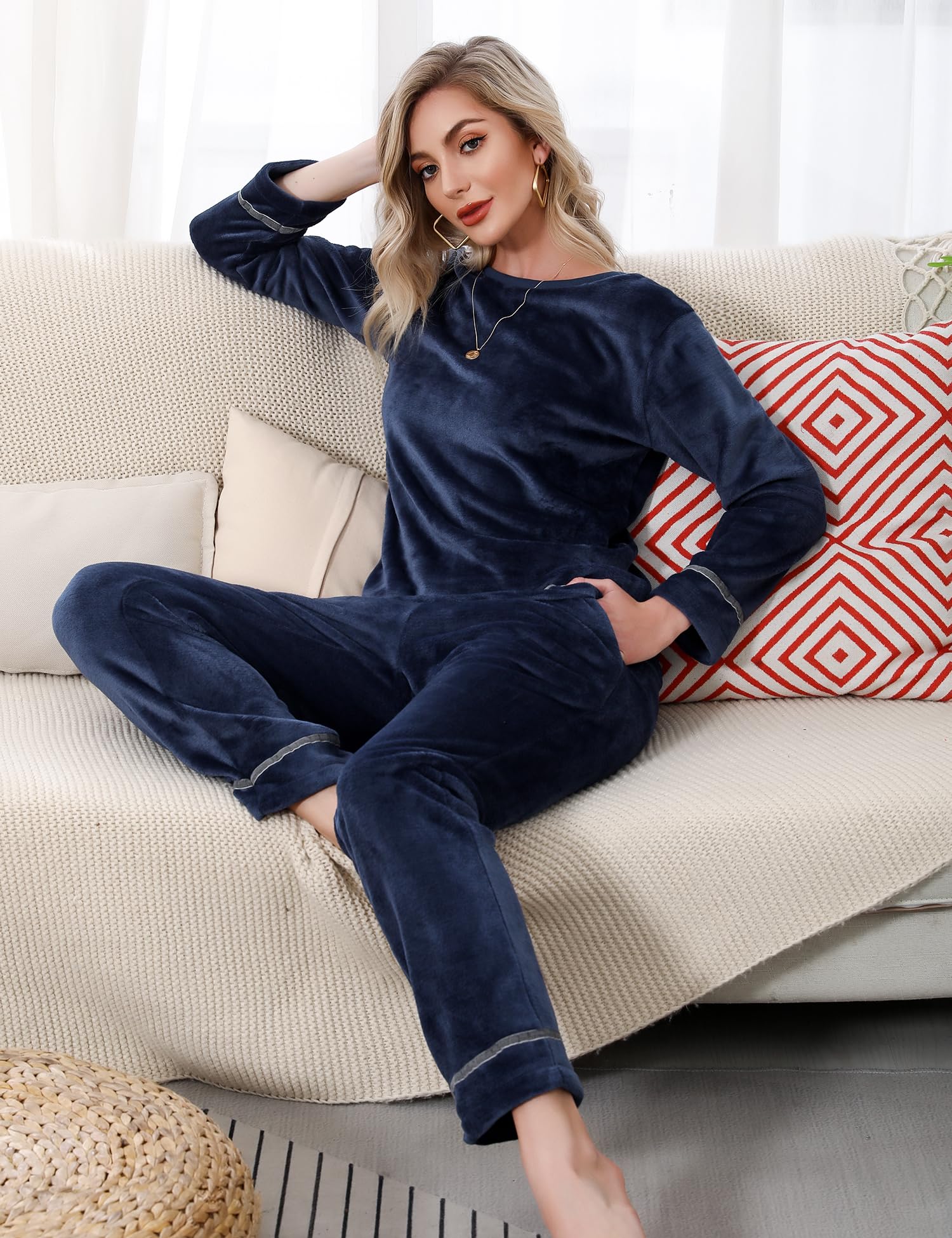 Sykooria Pigiama Donna Felpato Invernale Pigiama Flanella da Donna Set Pigiama da Donna in Due Pezzi Manica Lunga da Notte Caldo e Pantaloni con Tasca S-XXL