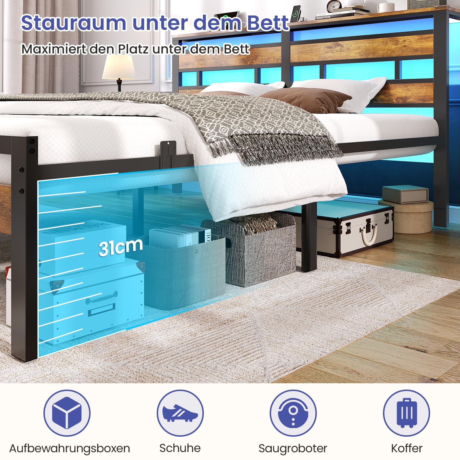 Brinlawb Bett 180x200 mit Lattenrost aus Metall, Doppelbett Bettgestell 180x200cm mit LED Beleuchtung und Ladestation (2 AC-Steckdosen, 1 USB-Anschluss und 1 Type-C-Anschluss) Metallbett mit Kopfteil