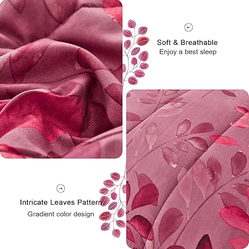 Miniatura 6 de Juego de edredón floral de 7 piezas de color rojo en una bolsa, tamaño King, elegante juego de edredón floral de hojas botánicas para todas las