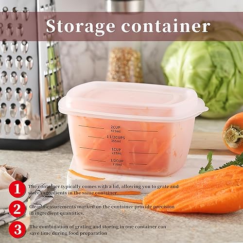 Miniatura 6 de Little Cook - Rallador de acero inoxidable de 4 lados, contenedor de almacenamiento desmontable de 3 tazas y marcas de medición con asa para cocina,