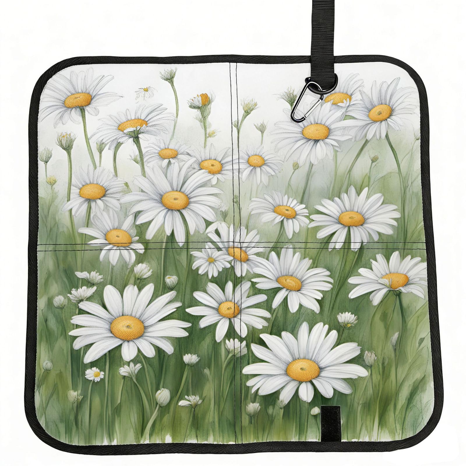 DIEzig White Daisy Printed Compact Foldable Sitting Pad Oxford Base, Portable Cushion for Fishing Sports Events