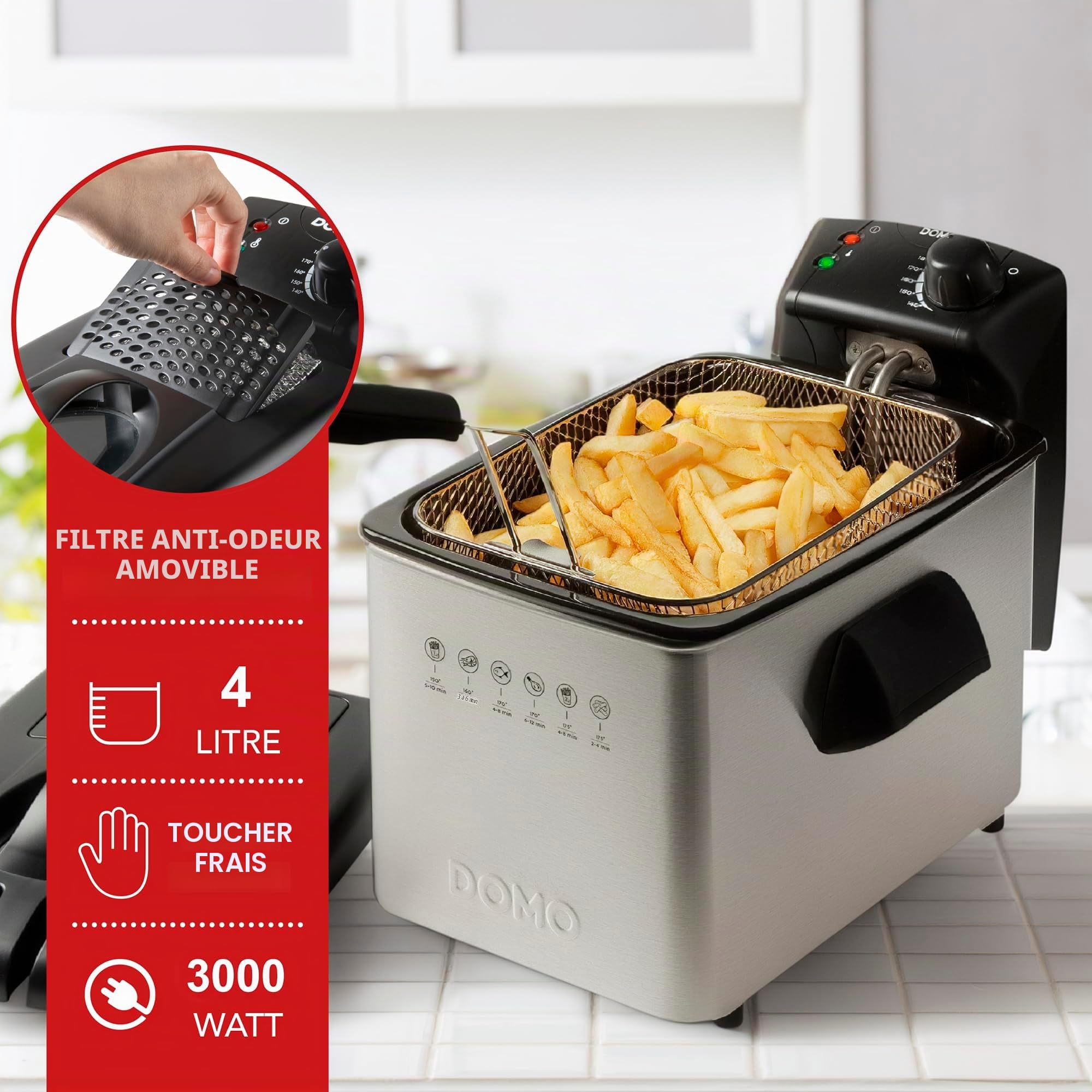 DOMO DO465FR Friteuse à huile – 4L – 3000W – Sans PFAS – Hublot et filtre anti-odeurs – Zone froide – Friteuse familiale en acier inoxydable