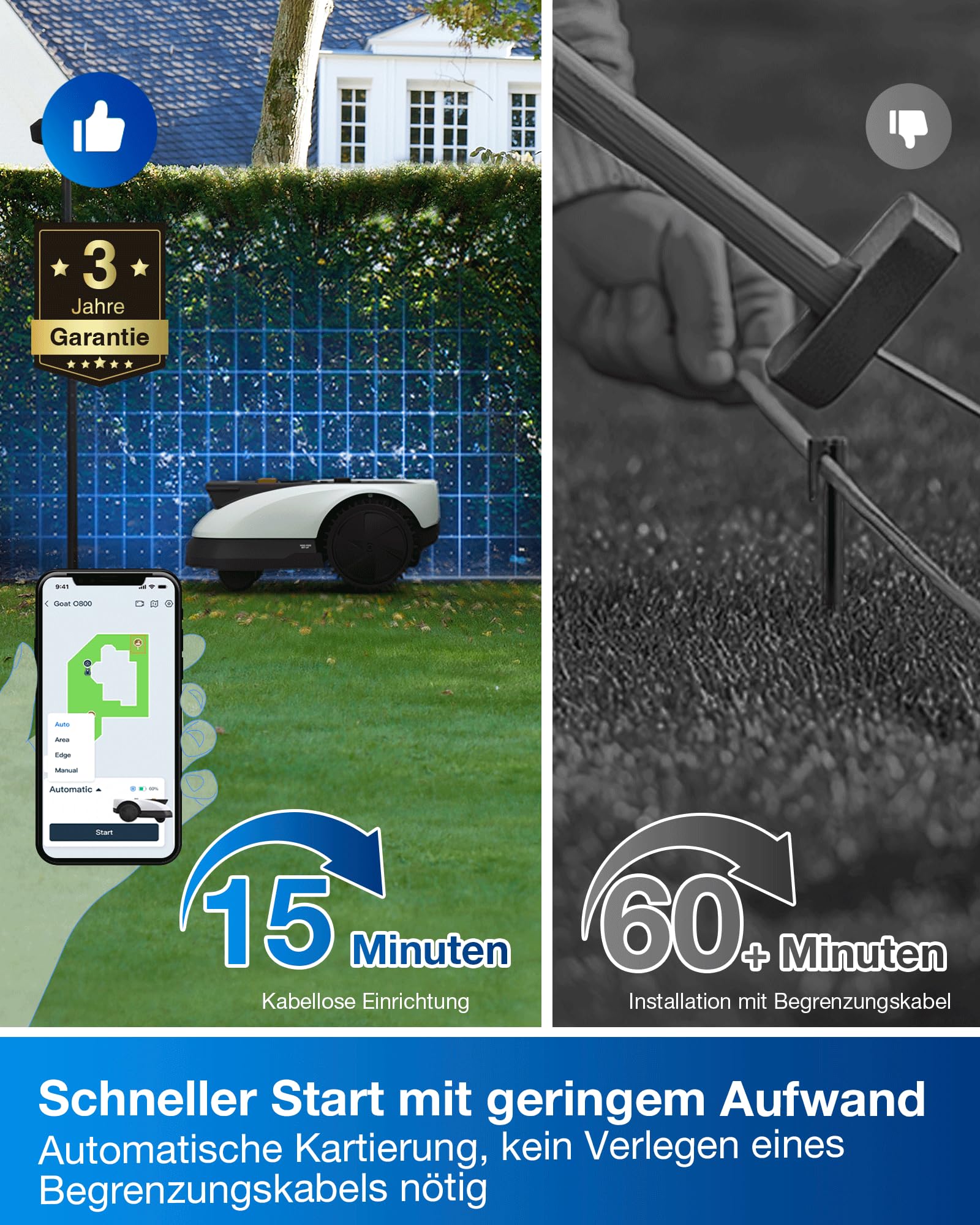 ECOVACS Goat O800 RTK Care Kit Mähroboter Ohne Begrenzungskabel, 800m², LiDAR-Gestützte RTK+Vision Navigation, Rasenmäher Roboter, Auto-Kartierung, Passiert 0,7m Engstellen, Präzises Kantenmähen