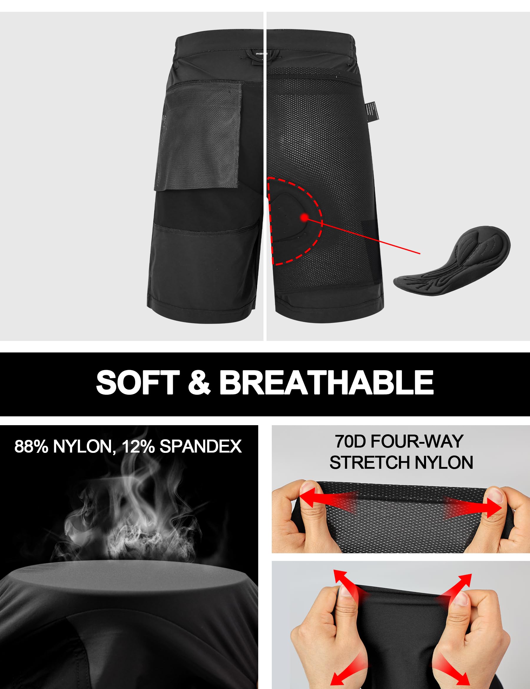 INBIKE Pantaloncini MTB Uomo Estivo Mutande Ciclismo Imbottitura 4D Pantaloncini Cargo Pantaloncini Trekking Asciugatura Rapida Traspirante Elastici per Sport all'Aria Aperta CS106