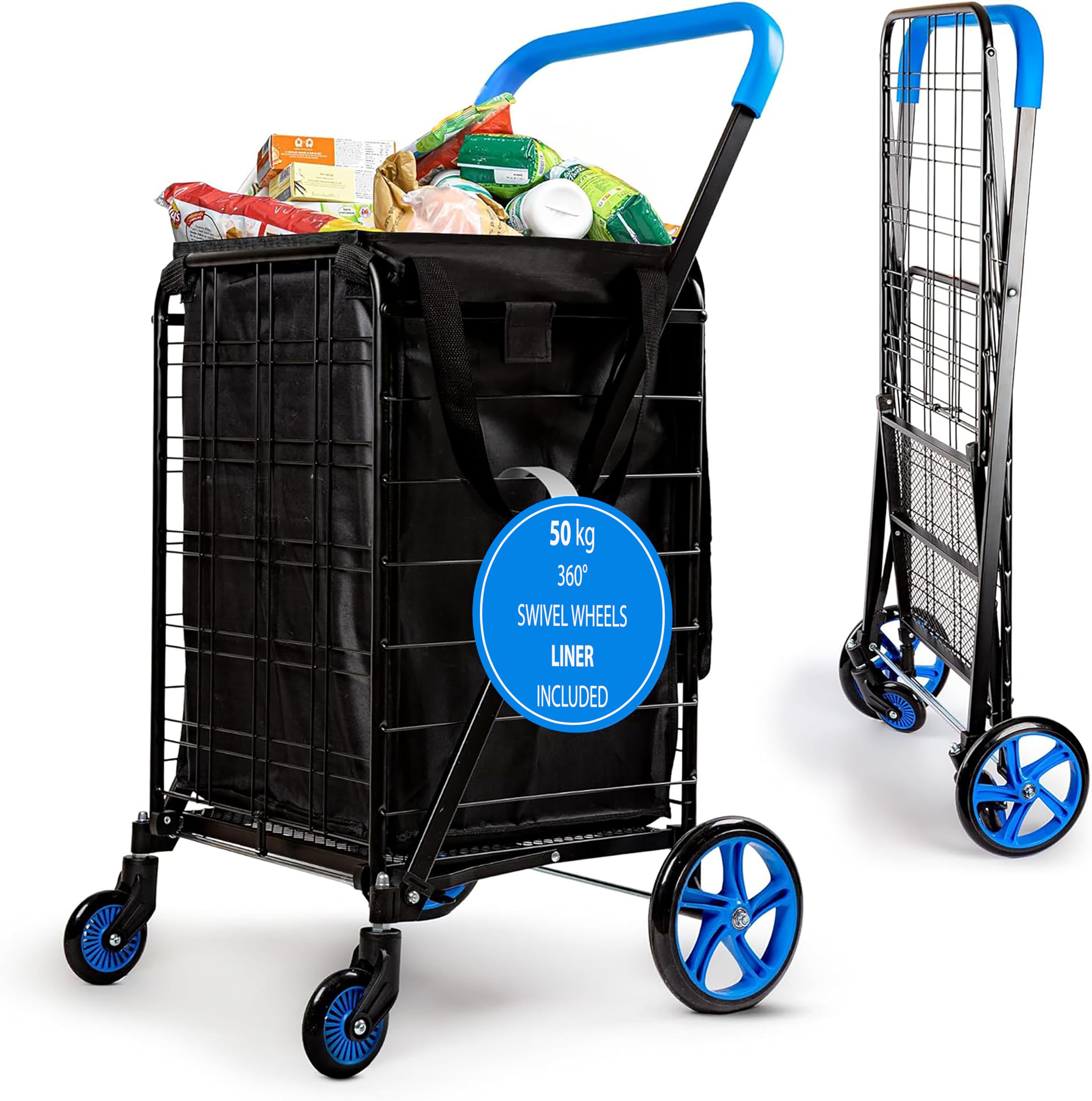 SereneLife Shopping Cart with 360° Swivel Wheels, Lightweight Heavy Duty Utility Shopping Cart w/ Waterproof Liner, 50Kg Capacity, Portable & Collapsible for Groceries, Laundry, Luggage