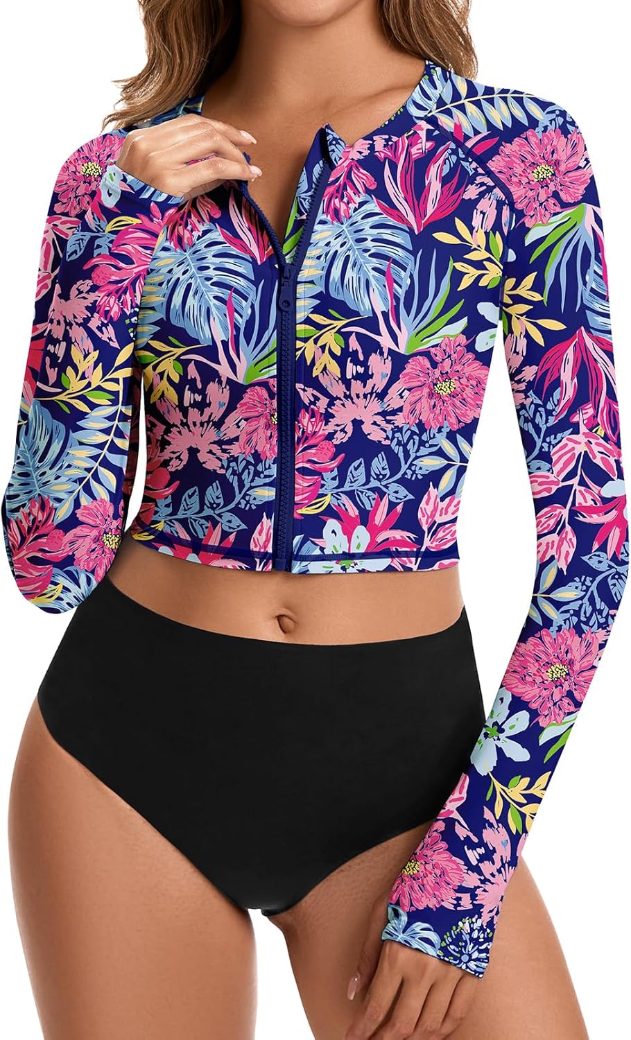 WOWENY Cropped Rash Guard Shirts for Women Long Sleeve with Thumb Holes UPF50+ Surfing Swimsuit Top No Bottom