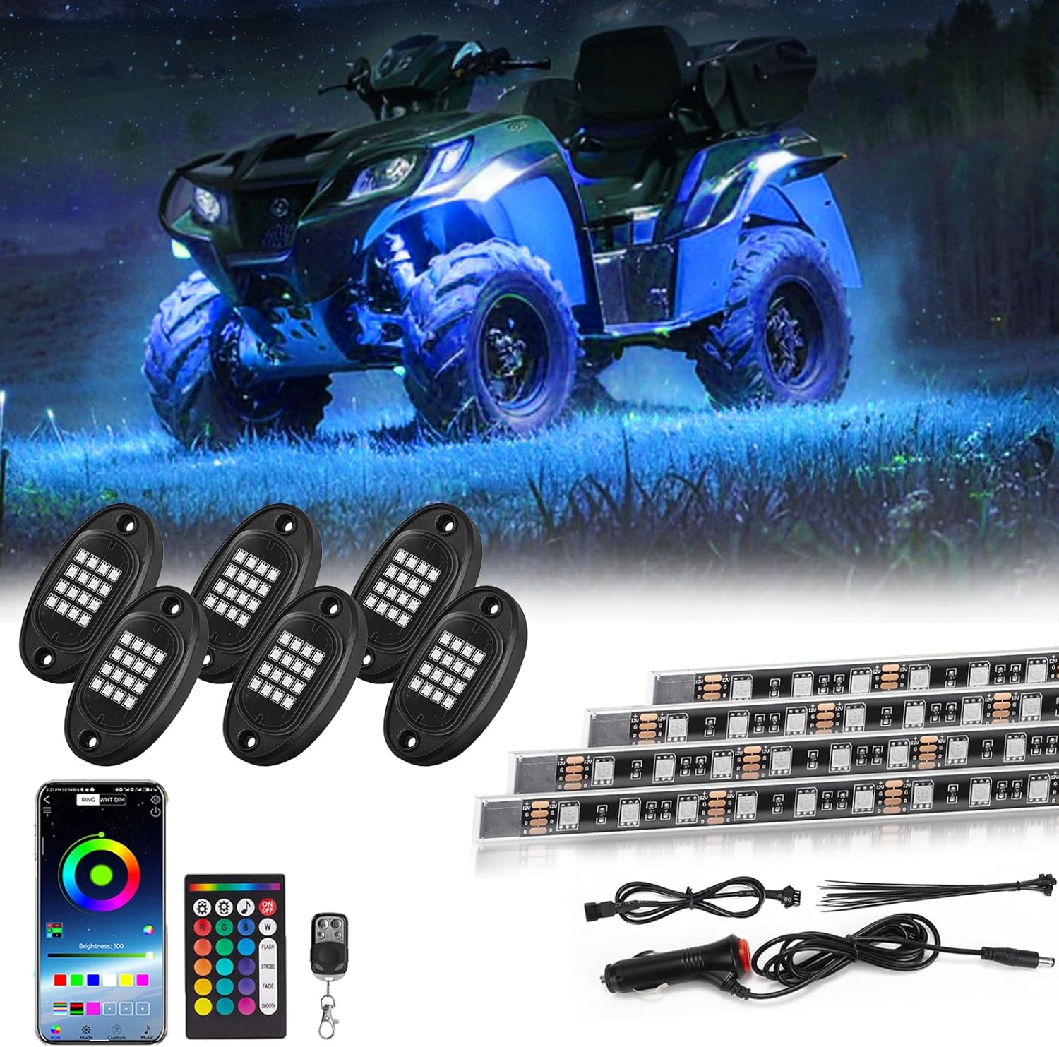 2 Pack Car Underglow Lights Kits, 4 Pcs Underglow LED Light Strip Kit and 6 Pods RGB LED Rock Lights Kit for Trucks Golf Cart ATV UTV SUV, Waterproof Multicolor Underbody Light with APP Control