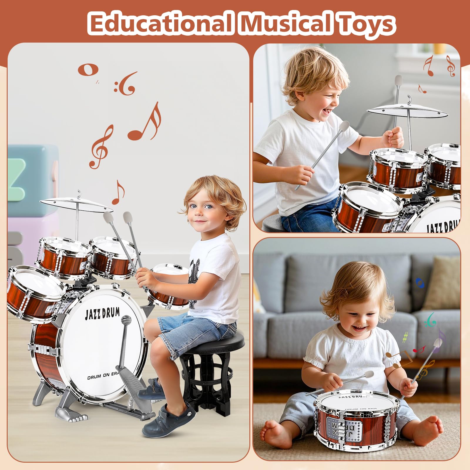 Batteria per Bambini, Set Batteria Jazz Strumento Musicale 5 Tamburi con Sgabello, Toddler Drum Set Musicale Percussione Giocattolo Regalo per Bambini 3 4 5 Ragazzi e Ragazze