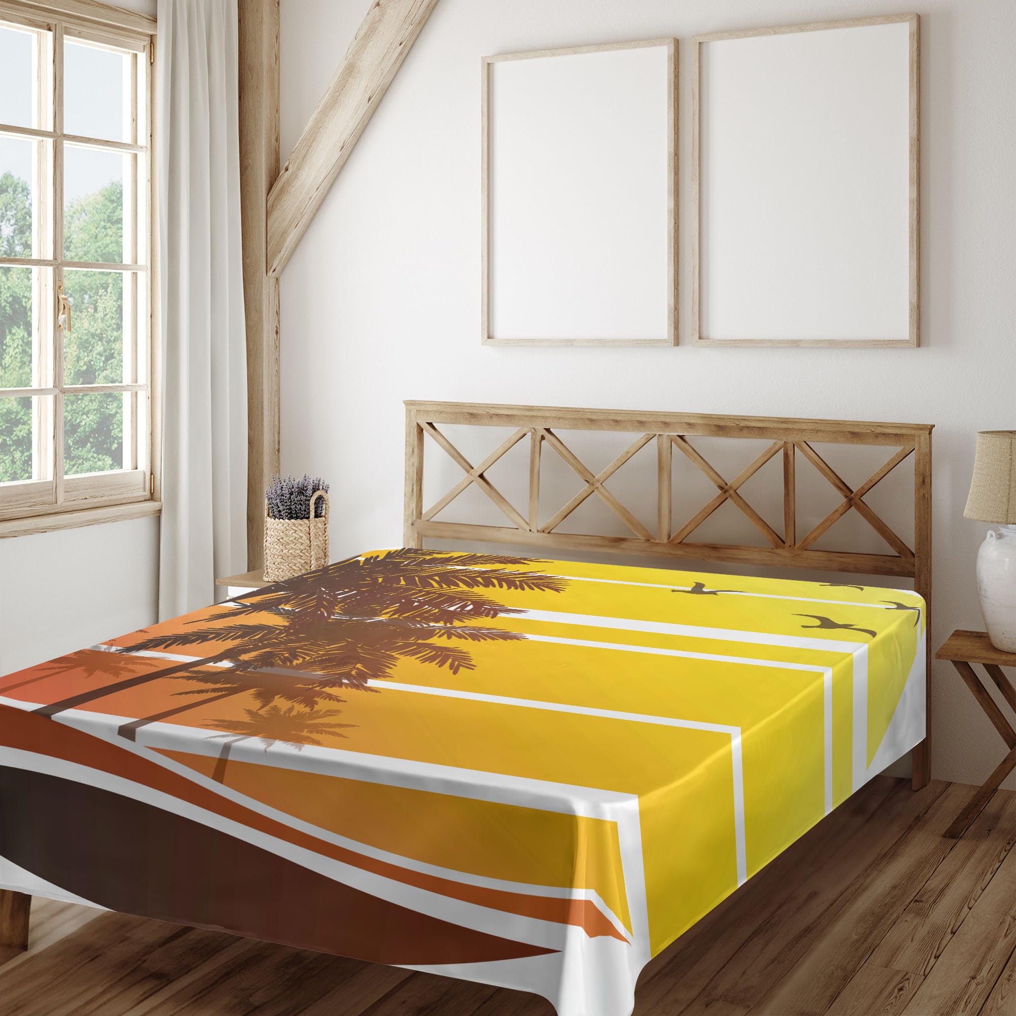 Ambesonne Tropical Flat Sheet, Sunset at Exotic Beach with Palm Trees Birds Summer Vacation Theme Pattern, Soft Comfortable Top Sheet Decorative Bedding 1 Piece, Queen Size, Yellow Coral Brown