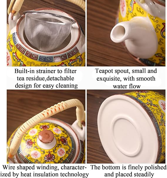 Retro Ceramic Teapot Set with 6 Cups, Chinese Floral Porcelain Teakettle with Filter Screen, High-Temperature Resistant Tea Maker, Kung Fu Tea Set, M