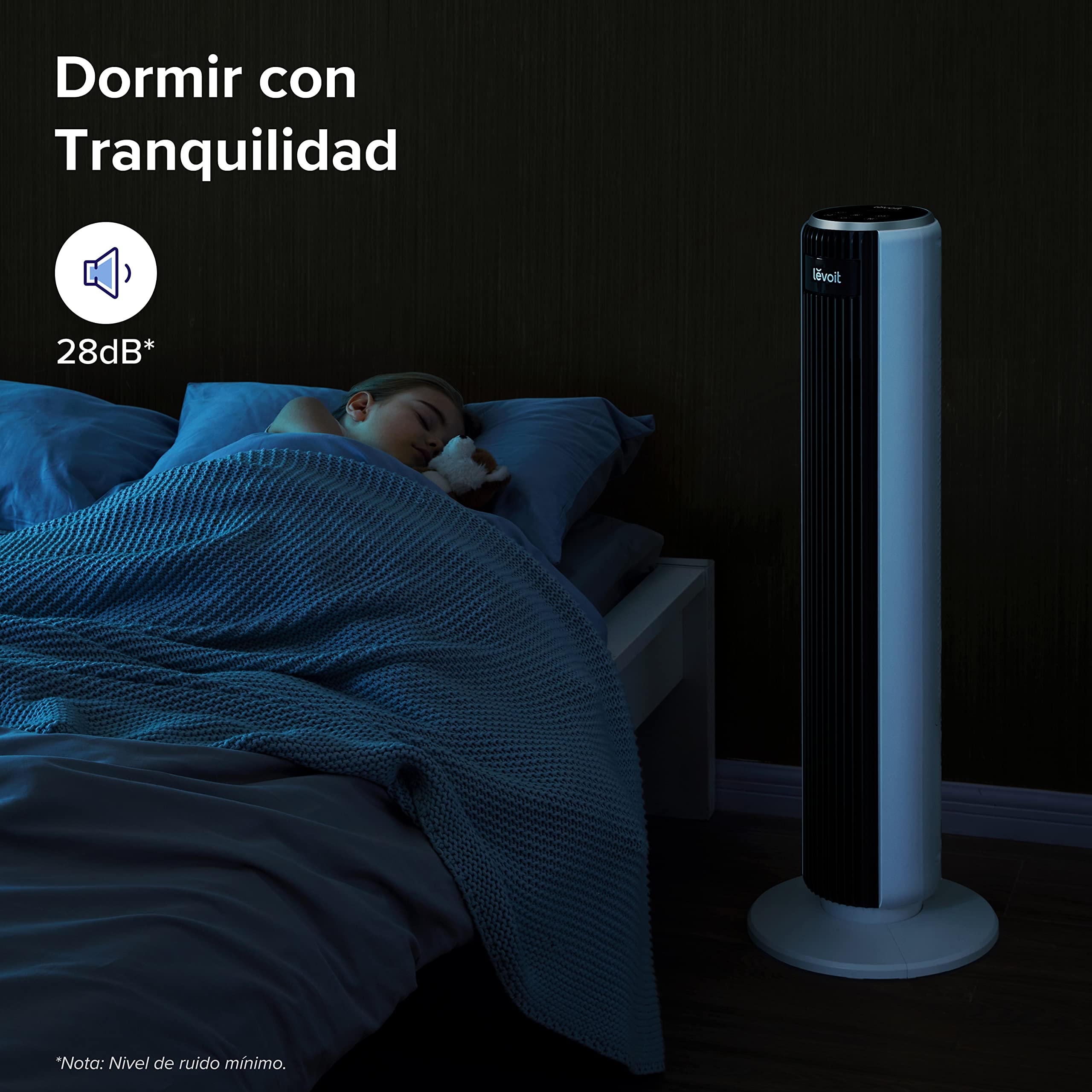 LEVOIT Ventilador de Torre con Mando a Distancia, Ventilador Silencioso 28dB y 39W, Oscilación 90° con 7m/s, 4 Modos 5 Velocidades, Temporizador 12 Horas, Fácil de Montar para Dormitorio