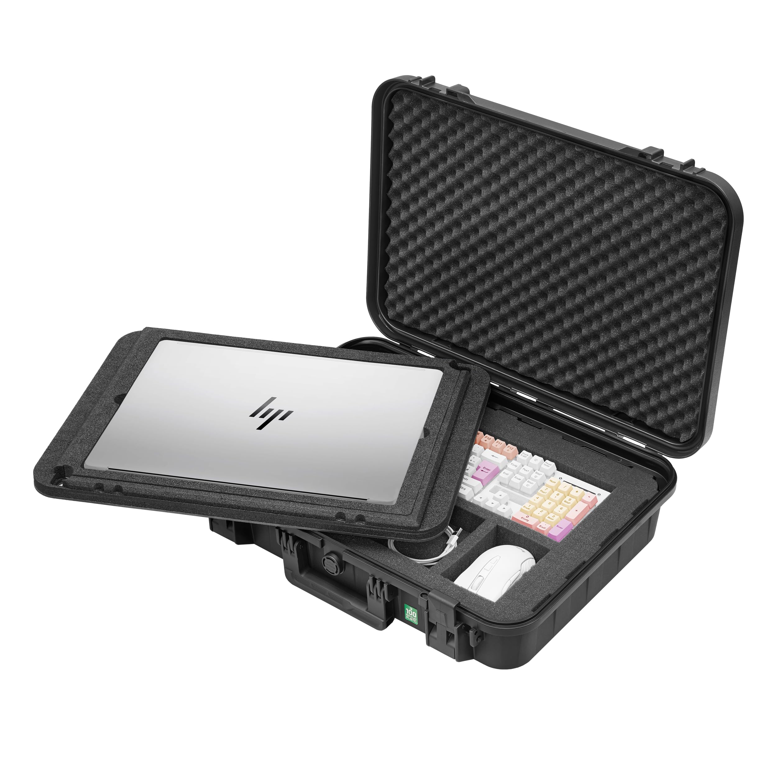 TOMcase Custodia per laptop da gioco e notebook da 16" a 18" e accessori – Custodia rigida impermeabile ECO con schiuma cubo e supporto per laptop 3 in 1, ideale per giochi e uso esterno (L)
